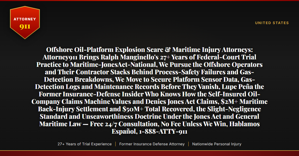 Offshore Oil-Platform Explosion Scare & Maritime Injury Attorneys: Attorney911 Brings Ralph Manginello's 27+ Years of Federal-Court Trial Practice to Maritime-JonesAct-National, We Pursue the Offshore Operators and Their Contractor Stacks Behind Process-Safety Failures and Gas-Detection Breakdowns, We Move to Secure Platform Sensor Data, Gas-Detection Logs and Maintenance Records Before They Vanish, Lupe Peña the Former Insurance-Defense Insider Who Knows How the Self-Insured Oil-Company Claims Machine Values and Denies Jones Act Claims, $2M+ Maritime Back-Injury Settlement and $50M+ Total Recovered, the Slight-Negligence Standard and Unseaworthiness Doctrine Under the Jones Act and General Maritime Law — Free 24/7 Consultation, No Fee Unless We Win, Hablamos Español, 1-888-ATTY-911 - Attorney911