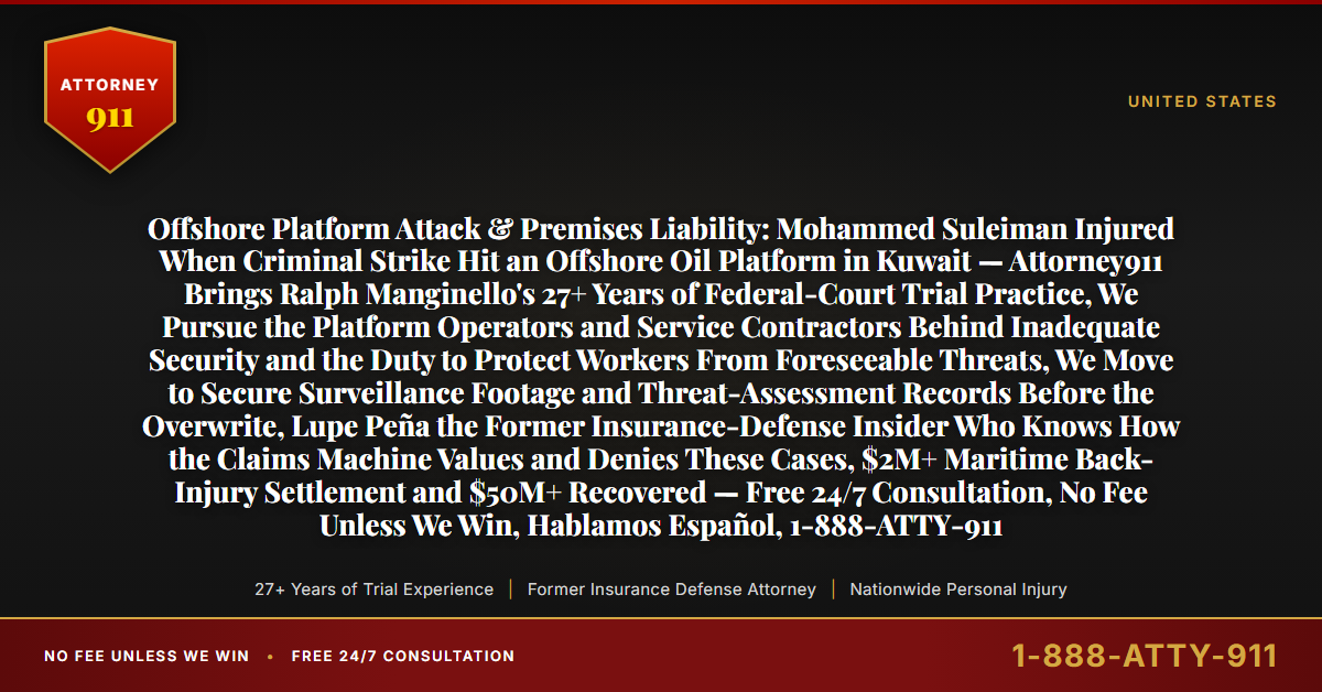 Offshore Platform Attack & Premises Liability: Mohammed Suleiman Injured When Criminal Strike Hit an Offshore Oil Platform in Kuwait — Attorney911 Brings Ralph Manginello's 27+ Years of Federal-Court Trial Practice, We Pursue the Platform Operators and Service Contractors Behind Inadequate Security and the Duty to Protect Workers From Foreseeable Threats, We Move to Secure Surveillance Footage and Threat-Assessment Records Before the Overwrite, Lupe Peña the Former Insurance-Defense Insider Who Knows How the Claims Machine Values and Denies These Cases, $2M+ Maritime Back-Injury Settlement and $50M+ Recovered — Free 24/7 Consultation, No Fee Unless We Win, Hablamos Español, 1-888-ATTY-911 - Attorney911