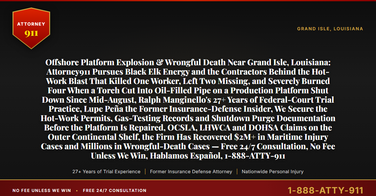 Offshore Platform Explosion & Wrongful Death Near Grand Isle, Louisiana: Attorney911 Pursues Black Elk Energy and the Contractors Behind the Hot-Work Blast That Killed One Worker, Left Two Missing, and Severely Burned Four When a Torch Cut Into Oil-Filled Pipe on a Production Platform Shut Down Since Mid-August, Ralph Manginello's 27+ Years of Federal-Court Trial Practice, Lupe Peña the Former Insurance-Defense Insider, We Secure the Hot-Work Permits, Gas-Testing Records and Shutdown Purge Documentation Before the Platform Is Repaired, OCSLA, LHWCA and DOHSA Claims on the Outer Continental Shelf, the Firm Has Recovered $2M+ in Maritime Injury Cases and Millions in Wrongful-Death Cases — Free 24/7 Consultation, No Fee Unless We Win, Hablamos Español, 1-888-ATTY-911 - Attorney911