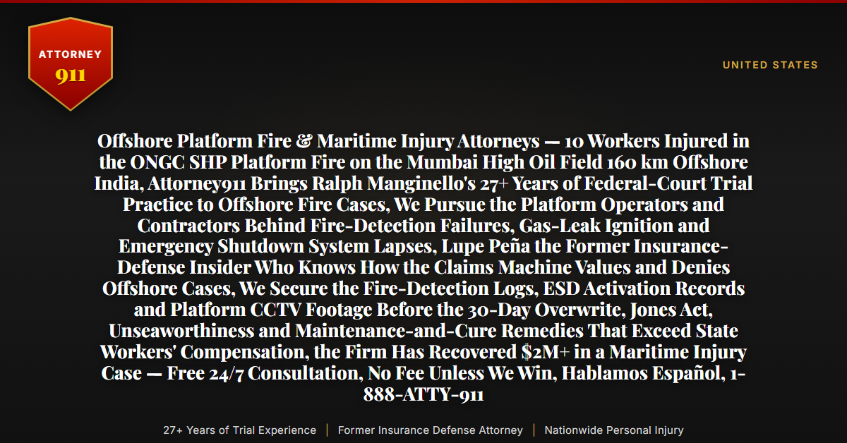 Offshore Platform Fire & Maritime Injury Attorneys — 10 Workers Injured in the ONGC SHP Platform Fire on the Mumbai High Oil Field 160 km Offshore India, Attorney911 Brings Ralph Manginello's 27+ Years of Federal-Court Trial Practice to Offshore Fire Cases, We Pursue the Platform Operators and Contractors Behind Fire-Detection Failures, Gas-Leak Ignition and Emergency Shutdown System Lapses, Lupe Peña the Former Insurance-Defense Insider Who Knows How the Claims Machine Values and Denies Offshore Cases, We Secure the Fire-Detection Logs, ESD Activation Records and Platform CCTV Footage Before the 30-Day Overwrite, Jones Act, Unseaworthiness and Maintenance-and-Cure Remedies That Exceed State Workers' Compensation, the Firm Has Recovered $2M+ in a Maritime Injury Case — Free 24/7 Consultation, No Fee Unless We Win, Hablamos Español, 1-888-ATTY-911 - Attorney911