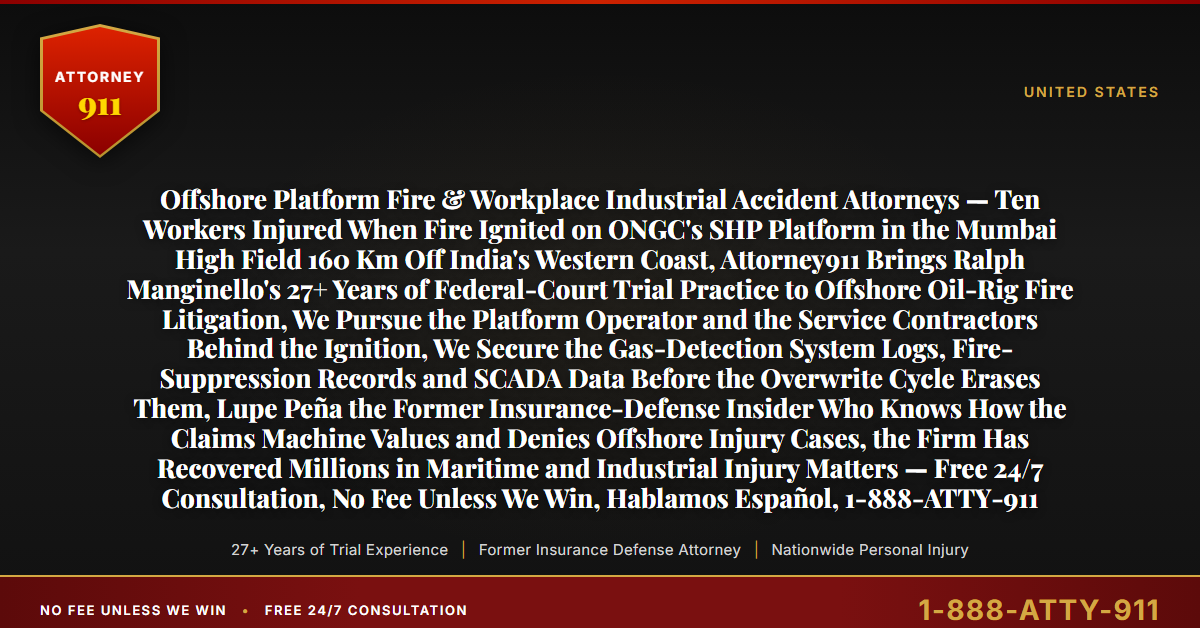 Offshore Platform Fire & Workplace Industrial Accident Attorneys — Ten Workers Injured When Fire Ignited on ONGC's SHP Platform in the Mumbai High Field 160 Km Off India's Western Coast, Attorney911 Brings Ralph Manginello's 27+ Years of Federal-Court Trial Practice to Offshore Oil-Rig Fire Litigation, We Pursue the Platform Operator and the Service Contractors Behind the Ignition, We Secure the Gas-Detection System Logs, Fire-Suppression Records and SCADA Data Before the Overwrite Cycle Erases Them, Lupe Peña the Former Insurance-Defense Insider Who Knows How the Claims Machine Values and Denies Offshore Injury Cases, the Firm Has Recovered Millions in Maritime and Industrial Injury Matters — Free 24/7 Consultation, No Fee Unless We Win, Hablamos Español, 1-888-ATTY-911 - Attorney911