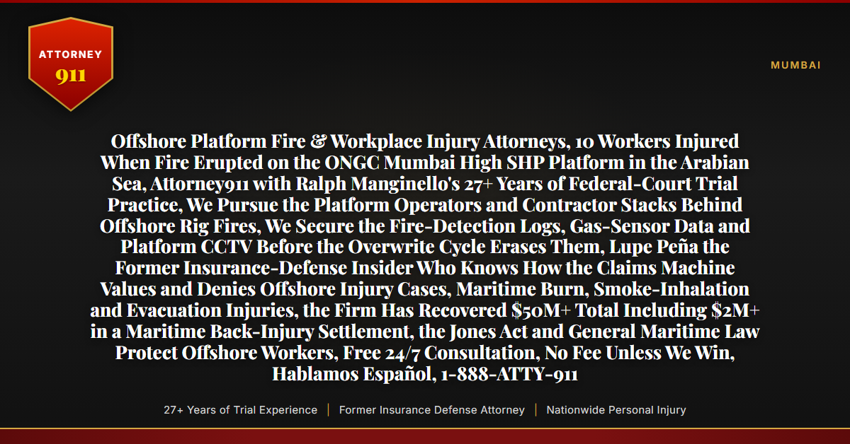 Offshore Platform Fire & Workplace Injury Attorneys, 10 Workers Injured When Fire Erupted on the ONGC Mumbai High SHP Platform in the Arabian Sea, Attorney911 with Ralph Manginello's 27+ Years of Federal-Court Trial Practice, We Pursue the Platform Operators and Contractor Stacks Behind Offshore Rig Fires, We Secure the Fire-Detection Logs, Gas-Sensor Data and Platform CCTV Before the Overwrite Cycle Erases Them, Lupe Peña the Former Insurance-Defense Insider Who Knows How the Claims Machine Values and Denies Offshore Injury Cases, Maritime Burn, Smoke-Inhalation and Evacuation Injuries, the Firm Has Recovered $50M+ Total Including $2M+ in a Maritime Back-Injury Settlement, the Jones Act and General Maritime Law Protect Offshore Workers, Free 24/7 Consultation, No Fee Unless We Win, Hablamos Español, 1-888-ATTY-911 - Attorney911