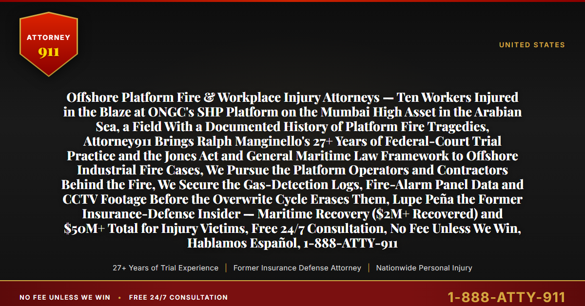Offshore Platform Fire & Workplace Injury Attorneys — Ten Workers Injured in the Blaze at ONGC's SHP Platform on the Mumbai High Asset in the Arabian Sea, a Field With a Documented History of Platform Fire Tragedies, Attorney911 Brings Ralph Manginello's 27+ Years of Federal-Court Trial Practice and the Jones Act and General Maritime Law Framework to Offshore Industrial Fire Cases, We Pursue the Platform Operators and Contractors Behind the Fire, We Secure the Gas-Detection Logs, Fire-Alarm Panel Data and CCTV Footage Before the Overwrite Cycle Erases Them, Lupe Peña the Former Insurance-Defense Insider — Maritime Recovery ($2M+ Recovered) and $50M+ Total for Injury Victims, Free 24/7 Consultation, No Fee Unless We Win, Hablamos Español, 1-888-ATTY-911 - Attorney911