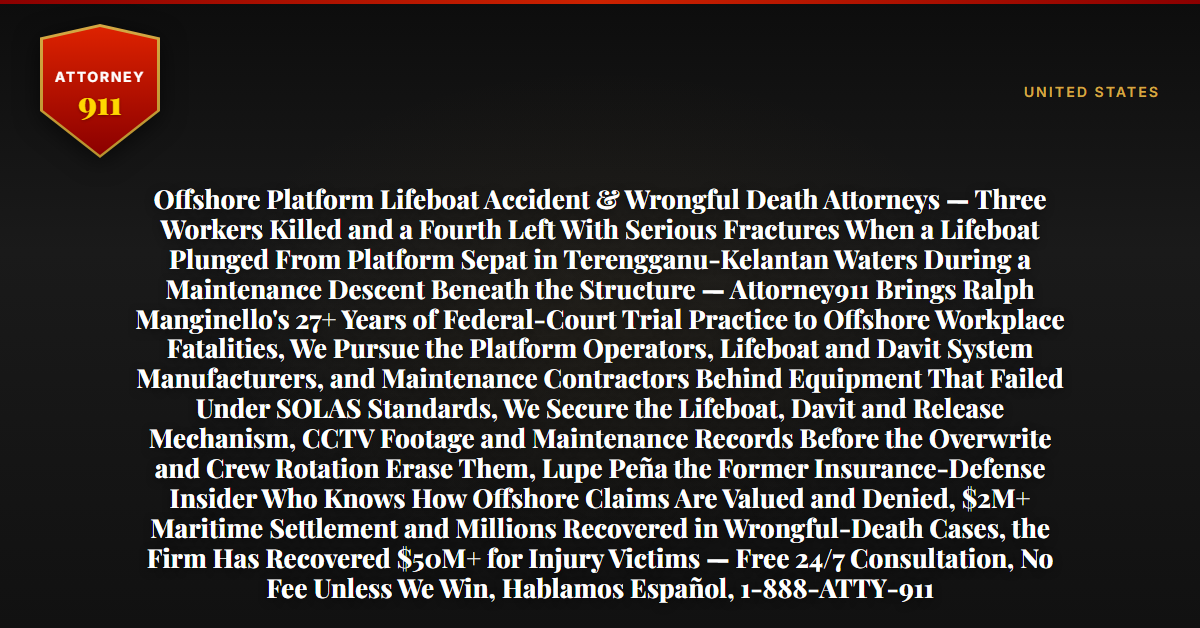 Offshore Platform Lifeboat Accident & Wrongful Death Attorneys — Three Workers Killed and a Fourth Left With Serious Fractures When a Lifeboat Plunged From Platform Sepat in Terengganu-Kelantan Waters During a Maintenance Descent Beneath the Structure — Attorney911 Brings Ralph Manginello's 27+ Years of Federal-Court Trial Practice to Offshore Workplace Fatalities, We Pursue the Platform Operators, Lifeboat and Davit System Manufacturers, and Maintenance Contractors Behind Equipment That Failed Under SOLAS Standards, We Secure the Lifeboat, Davit and Release Mechanism, CCTV Footage and Maintenance Records Before the Overwrite and Crew Rotation Erase Them, Lupe Peña the Former Insurance-Defense Insider Who Knows How Offshore Claims Are Valued and Denied, $2M+ Maritime Settlement and Millions Recovered in Wrongful-Death Cases, the Firm Has Recovered $50M+ for Injury Victims — Free 24/7 Consultation, No Fee Unless We Win, Hablamos Español, 1-888-ATTY-911 - Attorney911