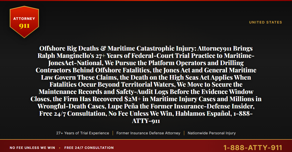Offshore Rig Deaths & Maritime Catastrophic Injury: Attorney911 Brings Ralph Manginello's 27+ Years of Federal-Court Trial Practice to Maritime-JonesAct-National, We Pursue the Platform Operators and Drilling Contractors Behind Offshore Fatalities, the Jones Act and General Maritime Law Govern These Claims, the Death on the High Seas Act Applies When Fatalities Occur Beyond Territorial Waters, We Move to Secure the Maintenance Records and Safety-Audit Logs Before the Evidence Window Closes, the Firm Has Recovered $2M+ in Maritime Injury Cases and Millions in Wrongful-Death Cases, Lupe Peña the Former Insurance-Defense Insider, Free 24/7 Consultation, No Fee Unless We Win, Hablamos Español, 1-888-ATTY-911 - Attorney911