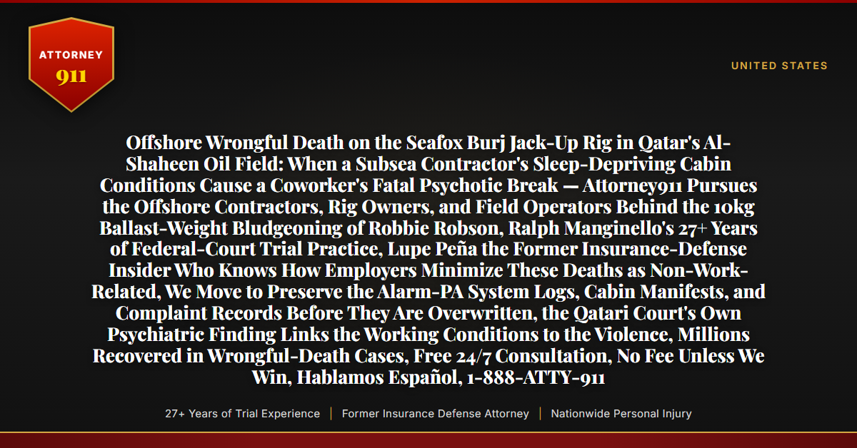 Offshore Wrongful Death on the Seafox Burj Jack-Up Rig in Qatar's Al-Shaheen Oil Field: When a Subsea Contractor's Sleep-Depriving Cabin Conditions Cause a Coworker's Fatal Psychotic Break — Attorney911 Pursues the Offshore Contractors, Rig Owners, and Field Operators Behind the 10kg Ballast-Weight Bludgeoning of Robbie Robson, Ralph Manginello's 27+ Years of Federal-Court Trial Practice, Lupe Peña the Former Insurance-Defense Insider Who Knows How Employers Minimize These Deaths as Non-Work-Related, We Move to Preserve the Alarm-PA System Logs, Cabin Manifests, and Complaint Records Before They Are Overwritten, the Qatari Court's Own Psychiatric Finding Links the Working Conditions to the Violence, Millions Recovered in Wrongful-Death Cases, Free 24/7 Consultation, No Fee Unless We Win, Hablamos Español, 1-888-ATTY-911 - Attorney911