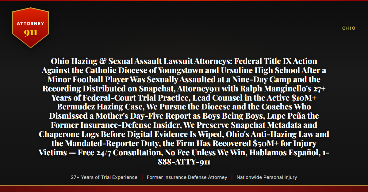 Ohio Hazing & Sexual Assault Lawsuit Attorneys: Federal Title IX Action Against the Catholic Diocese of Youngstown and Ursuline High School After a Minor Football Player Was Sexually Assaulted at a Nine-Day Camp and the Recording Distributed on Snapchat, Attorney911 with Ralph Manginello's 27+ Years of Federal-Court Trial Practice, Lead Counsel in the Active $10M+ Bermudez Hazing Case, We Pursue the Diocese and the Coaches Who Dismissed a Mother's Day-Five Report as Boys Being Boys, Lupe Peña the Former Insurance-Defense Insider, We Preserve Snapchat Metadata and Chaperone Logs Before Digital Evidence Is Wiped, Ohio's Anti-Hazing Law and the Mandated-Reporter Duty, the Firm Has Recovered $50M+ for Injury Victims — Free 24/7 Consultation, No Fee Unless We Win, Hablamos Español, 1-888-ATTY-911 - Attorney911