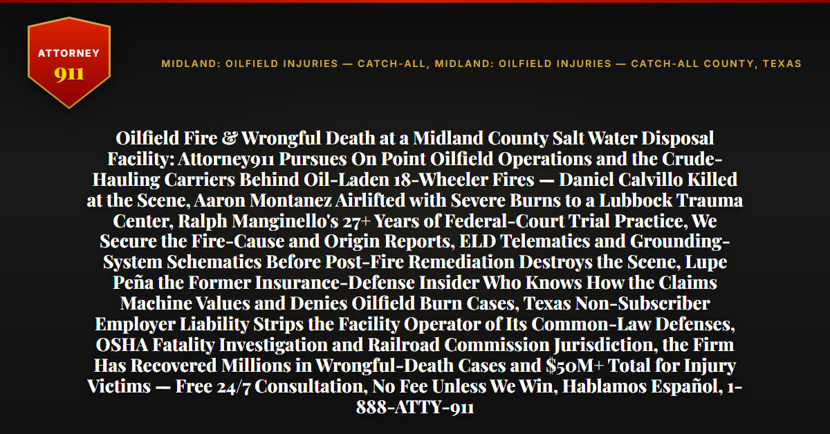 Oilfield Fire & Wrongful Death at a Midland County Salt Water Disposal Facility: Attorney911 Pursues On Point Oilfield Operations and the Crude-Hauling Carriers Behind Oil-Laden 18-Wheeler Fires — Daniel Calvillo Killed at the Scene, Aaron Montanez Airlifted with Severe Burns to a Lubbock Trauma Center, Ralph Manginello's 27+ Years of Federal-Court Trial Practice, We Secure the Fire-Cause and Origin Reports, ELD Telematics and Grounding-System Schematics Before Post-Fire Remediation Destroys the Scene, Lupe Peña the Former Insurance-Defense Insider Who Knows How the Claims Machine Values and Denies Oilfield Burn Cases, Texas Non-Subscriber Employer Liability Strips the Facility Operator of Its Common-Law Defenses, OSHA Fatality Investigation and Railroad Commission Jurisdiction, the Firm Has Recovered Millions in Wrongful-Death Cases and $50M+ Total for Injury Victims — Free 24/7 Consultation, No Fee Unless We Win, Hablamos Español, 1-888-ATTY-911 - Attorney911