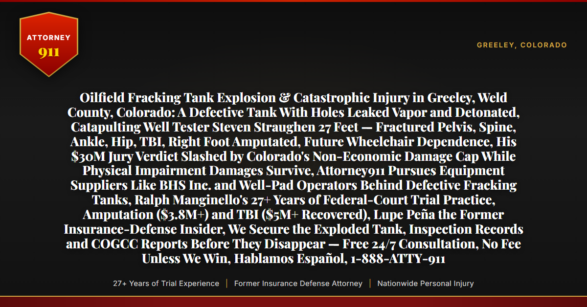 Oilfield Fracking Tank Explosion & Catastrophic Injury in Greeley, Weld County, Colorado: A Defective Tank With Holes Leaked Vapor and Detonated, Catapulting Well Tester Steven Straughen 27 Feet — Fractured Pelvis, Spine, Ankle, Hip, TBI, Right Foot Amputated, Future Wheelchair Dependence, His $30M Jury Verdict Slashed by Colorado's Non-Economic Damage Cap While Physical Impairment Damages Survive, Attorney911 Pursues Equipment Suppliers Like BHS Inc. and Well-Pad Operators Behind Defective Fracking Tanks, Ralph Manginello's 27+ Years of Federal-Court Trial Practice, Amputation ($3.8M+) and TBI ($5M+ Recovered), Lupe Peña the Former Insurance-Defense Insider, We Secure the Exploded Tank, Inspection Records and COGCC Reports Before They Disappear — Free 24/7 Consultation, No Fee Unless We Win, Hablamos Español, 1-888-ATTY-911 - Attorney911