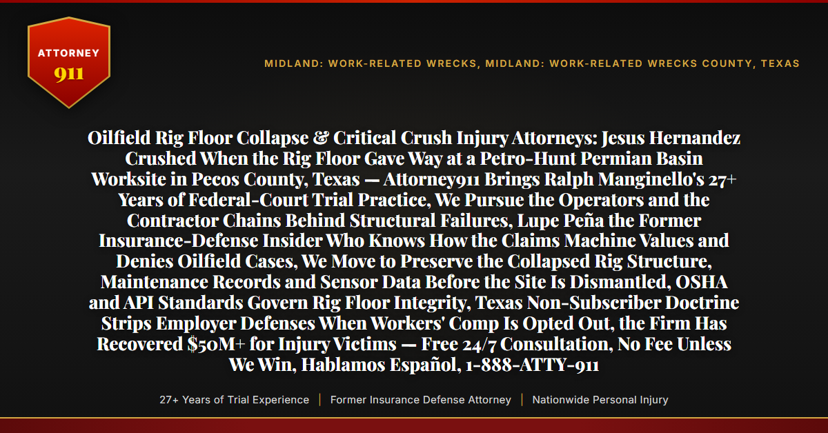 Oilfield Rig Floor Collapse & Critical Crush Injury Attorneys: Jesus Hernandez Crushed When the Rig Floor Gave Way at a Petro-Hunt Permian Basin Worksite in Pecos County, Texas — Attorney911 Brings Ralph Manginello's 27+ Years of Federal-Court Trial Practice, We Pursue the Operators and the Contractor Chains Behind Structural Failures, Lupe Peña the Former Insurance-Defense Insider Who Knows How the Claims Machine Values and Denies Oilfield Cases, We Move to Preserve the Collapsed Rig Structure, Maintenance Records and Sensor Data Before the Site Is Dismantled, OSHA and API Standards Govern Rig Floor Integrity, Texas Non-Subscriber Doctrine Strips Employer Defenses When Workers' Comp Is Opted Out, the Firm Has Recovered $50M+ for Injury Victims — Free 24/7 Consultation, No Fee Unless We Win, Hablamos Español, 1-888-ATTY-911 - Attorney911