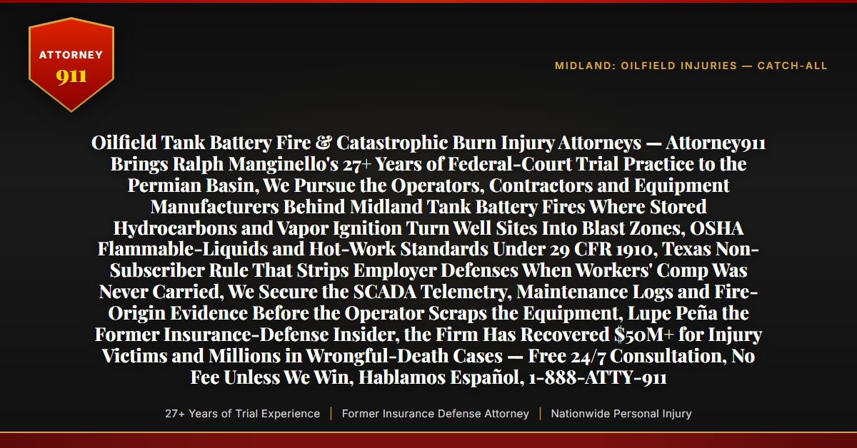 Oilfield Tank Battery Fire & Catastrophic Burn Injury Attorneys — Attorney911 Brings Ralph Manginello's 27+ Years of Federal-Court Trial Practice to the Permian Basin, We Pursue the Operators, Contractors and Equipment Manufacturers Behind Midland Tank Battery Fires Where Stored Hydrocarbons and Vapor Ignition Turn Well Sites Into Blast Zones, OSHA Flammable-Liquids and Hot-Work Standards Under 29 CFR 1910, Texas Non-Subscriber Rule That Strips Employer Defenses When Workers' Comp Was Never Carried, We Secure the SCADA Telemetry, Maintenance Logs and Fire-Origin Evidence Before the Operator Scraps the Equipment, Lupe Peña the Former Insurance-Defense Insider, the Firm Has Recovered $50M+ for Injury Victims and Millions in Wrongful-Death Cases — Free 24/7 Consultation, No Fee Unless We Win, Hablamos Español, 1-888-ATTY-911 - Attorney911