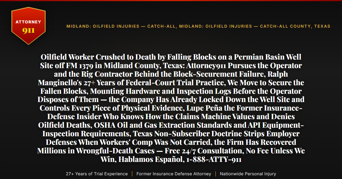 Oilfield Worker Crushed to Death by Falling Blocks on a Permian Basin Well Site off FM 1379 in Midland County, Texas: Attorney911 Pursues the Operator and the Rig Contractor Behind the Block-Securement Failure, Ralph Manginello's 27+ Years of Federal-Court Trial Practice, We Move to Secure the Fallen Blocks, Mounting Hardware and Inspection Logs Before the Operator Disposes of Them — the Company Has Already Locked Down the Well Site and Controls Every Piece of Physical Evidence, Lupe Peña the Former Insurance-Defense Insider Who Knows How the Claims Machine Values and Denies Oilfield Deaths, OSHA Oil and Gas Extraction Standards and API Equipment-Inspection Requirements, Texas Non-Subscriber Doctrine Strips Employer Defenses When Workers' Comp Was Not Carried, the Firm Has Recovered Millions in Wrongful-Death Cases — Free 24/7 Consultation, No Fee Unless We Win, Hablamos Español, 1-888-ATTY-911 - Attorney911
