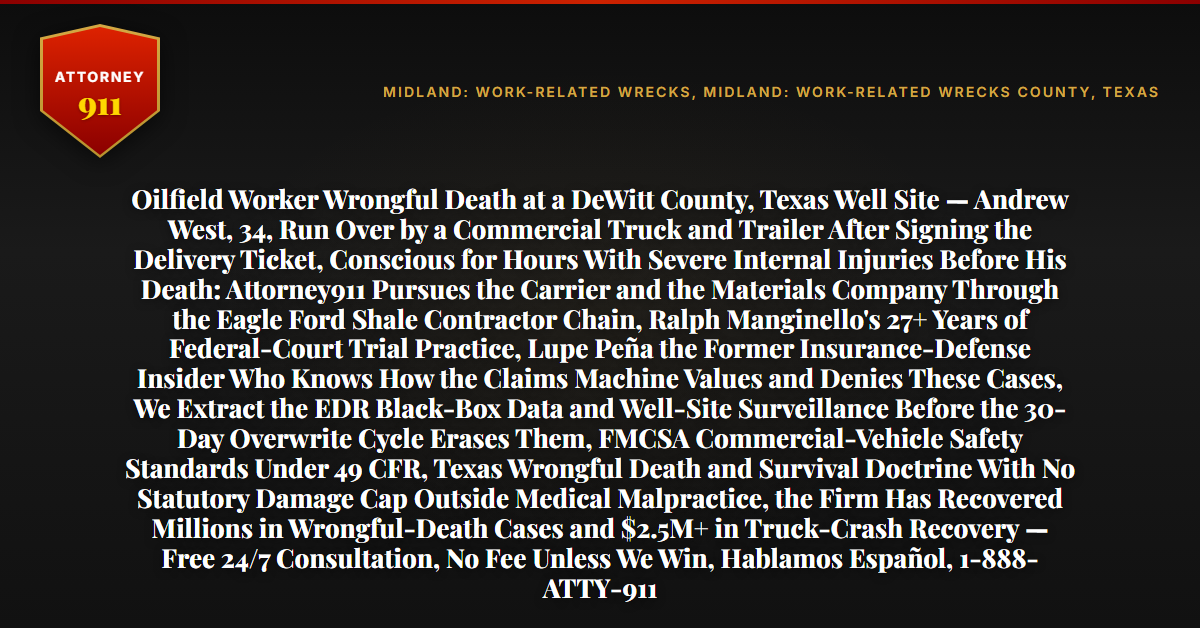 Oilfield Worker Wrongful Death at a DeWitt County, Texas Well Site — Andrew West, 34, Run Over by a Commercial Truck and Trailer After Signing the Delivery Ticket, Conscious for Hours With Severe Internal Injuries Before His Death: Attorney911 Pursues the Carrier and the Materials Company Through the Eagle Ford Shale Contractor Chain, Ralph Manginello's 27+ Years of Federal-Court Trial Practice, Lupe Peña the Former Insurance-Defense Insider Who Knows How the Claims Machine Values and Denies These Cases, We Extract the EDR Black-Box Data and Well-Site Surveillance Before the 30-Day Overwrite Cycle Erases Them, FMCSA Commercial-Vehicle Safety Standards Under 49 CFR, Texas Wrongful Death and Survival Doctrine With No Statutory Damage Cap Outside Medical Malpractice, the Firm Has Recovered Millions in Wrongful-Death Cases and $2.5M+ in Truck-Crash Recovery — Free 24/7 Consultation, No Fee Unless We Win, Hablamos Español, 1-888-ATTY-911 - Attorney911