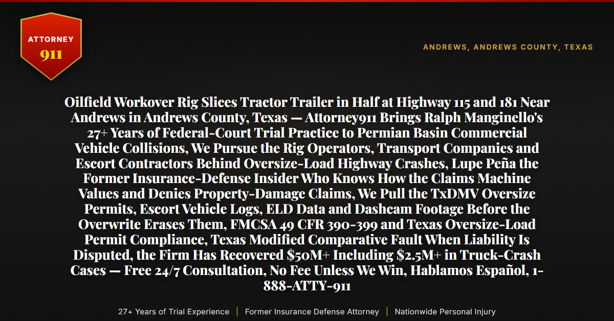 Oilfield Workover Rig Slices Tractor Trailer in Half at Highway 115 and 181 Near Andrews in Andrews County, Texas — Attorney911 Brings Ralph Manginello's 27+ Years of Federal-Court Trial Practice to Permian Basin Commercial Vehicle Collisions, We Pursue the Rig Operators, Transport Companies and Escort Contractors Behind Oversize-Load Highway Crashes, Lupe Peña the Former Insurance-Defense Insider Who Knows How the Claims Machine Values and Denies Property-Damage Claims, We Pull the TxDMV Oversize Permits, Escort Vehicle Logs, ELD Data and Dashcam Footage Before the Overwrite Erases Them, FMCSA 49 CFR 390-399 and Texas Oversize-Load Permit Compliance, Texas Modified Comparative Fault When Liability Is Disputed, the Firm Has Recovered $50M+ Including $2.5M+ in Truck-Crash Cases — Free 24/7 Consultation, No Fee Unless We Win, Hablamos Español, 1-888-ATTY-911 - Attorney911