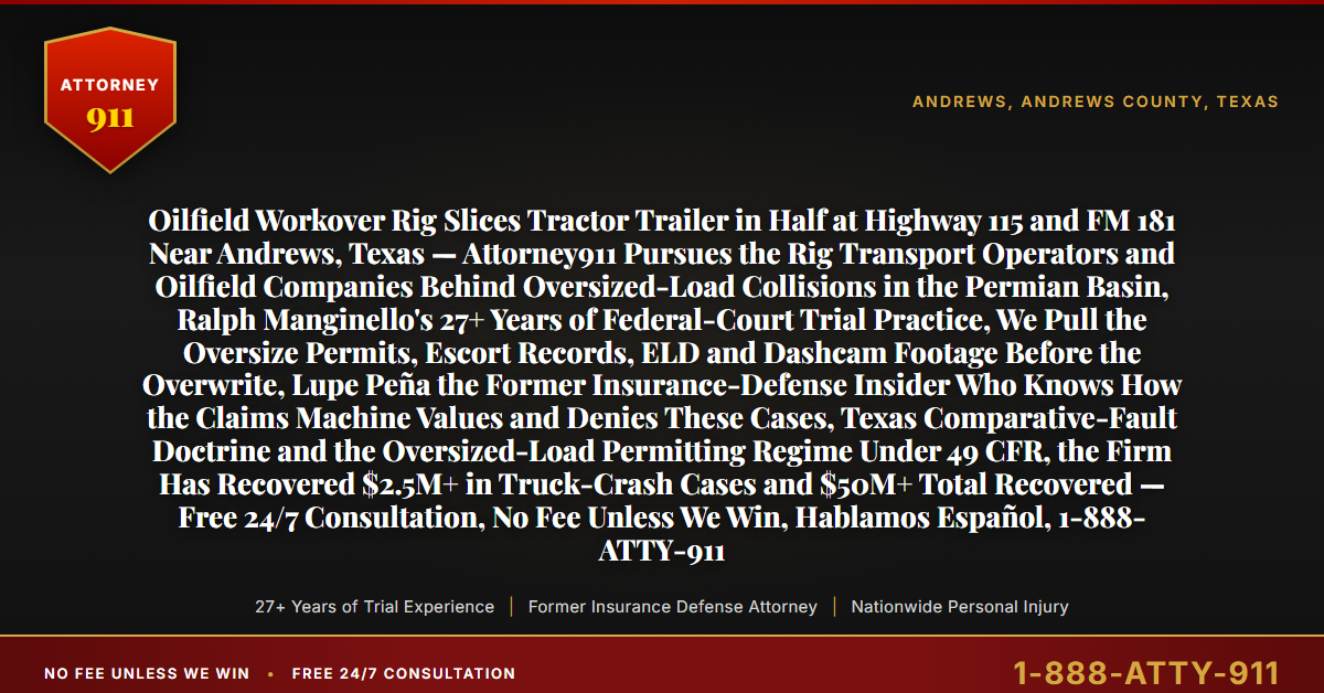 Oilfield Workover Rig Slices Tractor Trailer in Half at Highway 115 and FM 181 Near Andrews, Texas — Attorney911 Pursues the Rig Transport Operators and Oilfield Companies Behind Oversized-Load Collisions in the Permian Basin, Ralph Manginello's 27+ Years of Federal-Court Trial Practice, We Pull the Oversize Permits, Escort Records, ELD and Dashcam Footage Before the Overwrite, Lupe Peña the Former Insurance-Defense Insider Who Knows How the Claims Machine Values and Denies These Cases, Texas Comparative-Fault Doctrine and the Oversized-Load Permitting Regime Under 49 CFR, the Firm Has Recovered $2.5M+ in Truck-Crash Cases and $50M+ Total Recovered — Free 24/7 Consultation, No Fee Unless We Win, Hablamos Español, 1-888-ATTY-911 - Attorney911