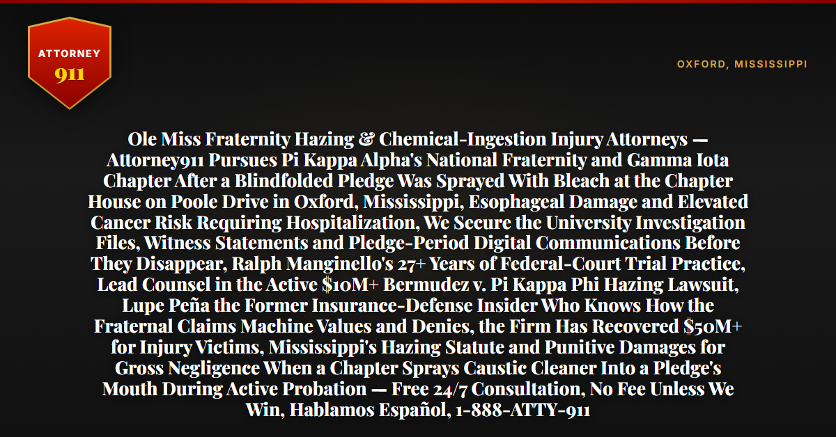 Ole Miss Fraternity Hazing & Chemical-Ingestion Injury Attorneys — Attorney911 Pursues Pi Kappa Alpha's National Fraternity and Gamma Iota Chapter After a Blindfolded Pledge Was Sprayed With Bleach at the Chapter House on Poole Drive in Oxford, Mississippi, Esophageal Damage and Elevated Cancer Risk Requiring Hospitalization, We Secure the University Investigation Files, Witness Statements and Pledge-Period Digital Communications Before They Disappear, Ralph Manginello's 27+ Years of Federal-Court Trial Practice, Lead Counsel in the Active $10M+ Bermudez v. Pi Kappa Phi Hazing Lawsuit, Lupe Peña the Former Insurance-Defense Insider Who Knows How the Fraternal Claims Machine Values and Denies, the Firm Has Recovered $50M+ for Injury Victims, Mississippi's Hazing Statute and Punitive Damages for Gross Negligence When a Chapter Sprays Caustic Cleaner Into a Pledge's Mouth During Active Probation — Free 24/7 Consultation, No Fee Unless We Win, Hablamos Español, 1-888-ATTY-911 - Attorney911