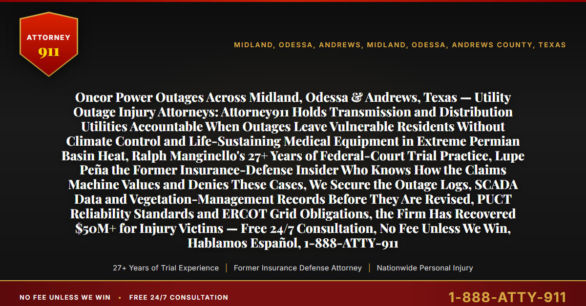 Oncor Power Outages Across Midland, Odessa & Andrews, Texas — Utility Outage Injury Attorneys: Attorney911 Holds Transmission and Distribution Utilities Accountable When Outages Leave Vulnerable Residents Without Climate Control and Life-Sustaining Medical Equipment in Extreme Permian Basin Heat, Ralph Manginello's 27+ Years of Federal-Court Trial Practice, Lupe Peña the Former Insurance-Defense Insider Who Knows How the Claims Machine Values and Denies These Cases, We Secure the Outage Logs, SCADA Data and Vegetation-Management Records Before They Are Revised, PUCT Reliability Standards and ERCOT Grid Obligations, the Firm Has Recovered $50M+ for Injury Victims — Free 24/7 Consultation, No Fee Unless We Win, Hablamos Español, 1-888-ATTY-911 - Attorney911