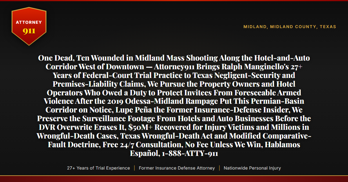 One Dead, Ten Wounded in Midland Mass Shooting Along the Hotel-and-Auto Corridor West of Downtown — Attorney911 Brings Ralph Manginello's 27+ Years of Federal-Court Trial Practice to Texas Negligent-Security and Premises-Liability Claims, We Pursue the Property Owners and Hotel Operators Who Owed a Duty to Protect Invitees From Foreseeable Armed Violence After the 2019 Odessa-Midland Rampage Put This Permian-Basin Corridor on Notice, Lupe Peña the Former Insurance-Defense Insider, We Preserve the Surveillance Footage From Hotels and Auto Businesses Before the DVR Overwrite Erases It, $50M+ Recovered for Injury Victims and Millions in Wrongful-Death Cases, Texas Wrongful-Death Act and Modified Comparative-Fault Doctrine, Free 24/7 Consultation, No Fee Unless We Win, Hablamos Español, 1-888-ATTY-911 - Attorney911