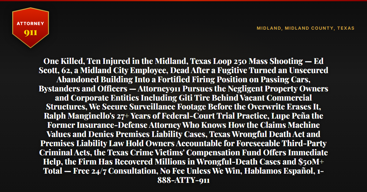 One Killed, Ten Injured in the Midland, Texas Loop 250 Mass Shooting — Ed Scott, 62, a Midland City Employee, Dead After a Fugitive Turned an Unsecured Abandoned Building Into a Fortified Firing Position on Passing Cars, Bystanders and Officers — Attorney911 Pursues the Negligent Property Owners and Corporate Entities Including Giti Tire Behind Vacant Commercial Structures, We Secure Surveillance Footage Before the Overwrite Erases It, Ralph Manginello's 27+ Years of Federal-Court Trial Practice, Lupe Peña the Former Insurance-Defense Attorney Who Knows How the Claims Machine Values and Denies Premises Liability Cases, Texas Wrongful Death Act and Premises Liability Law Hold Owners Accountable for Foreseeable Third-Party Criminal Acts, the Texas Crime Victims' Compensation Fund Offers Immediate Help, the Firm Has Recovered Millions in Wrongful-Death Cases and $50M+ Total — Free 24/7 Consultation, No Fee Unless We Win, Hablamos Español, 1-888-ATTY-911 - Attorney911