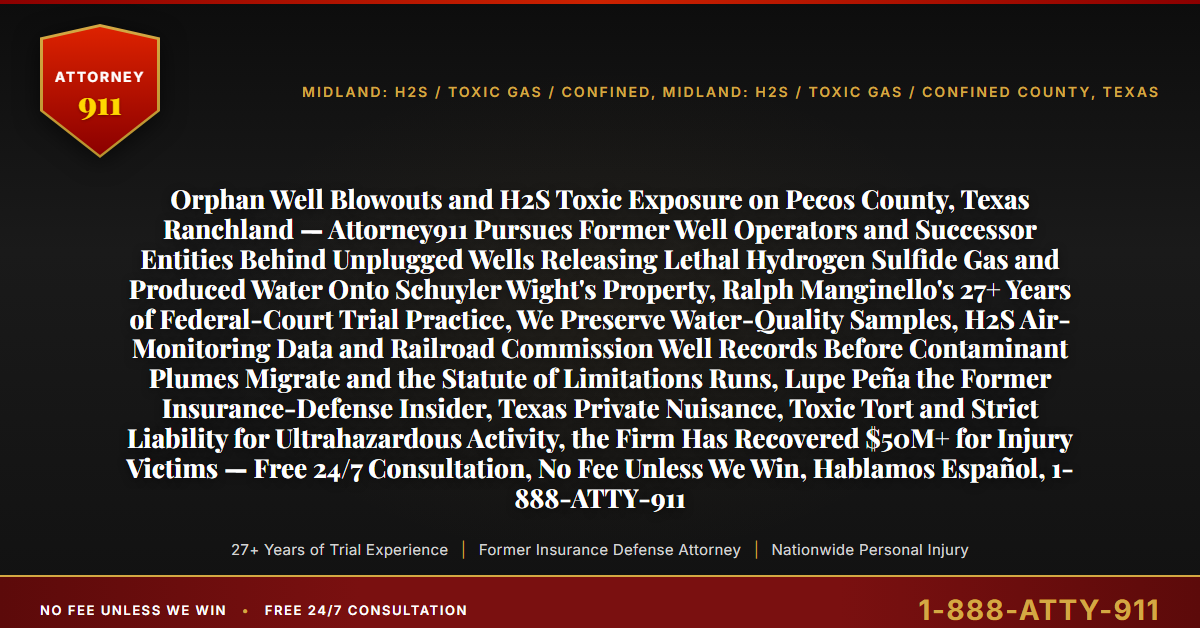 Orphan Well Blowouts and H2S Toxic Exposure on Pecos County, Texas Ranchland — Attorney911 Pursues Former Well Operators and Successor Entities Behind Unplugged Wells Releasing Lethal Hydrogen Sulfide Gas and Produced Water Onto Schuyler Wight's Property, Ralph Manginello's 27+ Years of Federal-Court Trial Practice, We Preserve Water-Quality Samples, H2S Air-Monitoring Data and Railroad Commission Well Records Before Contaminant Plumes Migrate and the Statute of Limitations Runs, Lupe Peña the Former Insurance-Defense Insider, Texas Private Nuisance, Toxic Tort and Strict Liability for Ultrahazardous Activity, the Firm Has Recovered $50M+ for Injury Victims — Free 24/7 Consultation, No Fee Unless We Win, Hablamos Español, 1-888-ATTY-911 - Attorney911