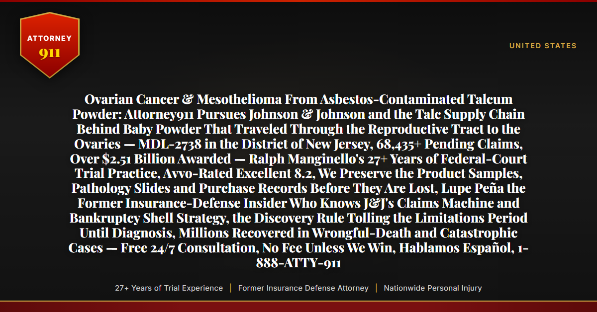 Ovarian Cancer & Mesothelioma From Asbestos-Contaminated Talcum Powder: Attorney911 Pursues Johnson & Johnson and the Talc Supply Chain Behind Baby Powder That Traveled Through the Reproductive Tract to the Ovaries — MDL-2738 in the District of New Jersey, 68,435+ Pending Claims, Over $2.51 Billion Awarded — Ralph Manginello's 27+ Years of Federal-Court Trial Practice, Avvo-Rated Excellent 8.2, We Preserve the Product Samples, Pathology Slides and Purchase Records Before They Are Lost, Lupe Peña the Former Insurance-Defense Insider Who Knows J&J's Claims Machine and Bankruptcy Shell Strategy, the Discovery Rule Tolling the Limitations Period Until Diagnosis, Millions Recovered in Wrongful-Death and Catastrophic Cases — Free 24/7 Consultation, No Fee Unless We Win, Hablamos Español, 1-888-ATTY-911 - Attorney911