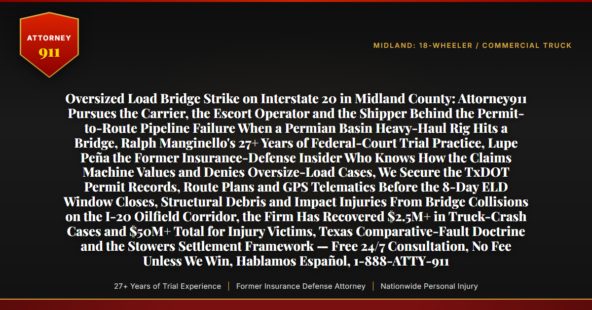 Oversized Load Bridge Strike on Interstate 20 in Midland County: Attorney911 Pursues the Carrier, the Escort Operator and the Shipper Behind the Permit-to-Route Pipeline Failure When a Permian Basin Heavy-Haul Rig Hits a Bridge, Ralph Manginello's 27+ Years of Federal-Court Trial Practice, Lupe Peña the Former Insurance-Defense Insider Who Knows How the Claims Machine Values and Denies Oversize-Load Cases, We Secure the TxDOT Permit Records, Route Plans and GPS Telematics Before the 8-Day ELD Window Closes, Structural Debris and Impact Injuries From Bridge Collisions on the I-20 Oilfield Corridor, the Firm Has Recovered $2.5M+ in Truck-Crash Cases and $50M+ Total for Injury Victims, Texas Comparative-Fault Doctrine and the Stowers Settlement Framework — Free 24/7 Consultation, No Fee Unless We Win, Hablamos Español, 1-888-ATTY-911 - Attorney911