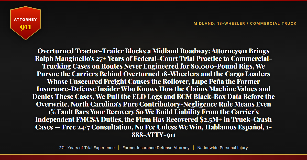 Overturned Tractor-Trailer Blocks a Midland Roadway: Attorney911 Brings Ralph Manginello's 27+ Years of Federal-Court Trial Practice to Commercial-Trucking Cases on Routes Never Engineered for 80,000-Pound Rigs, We Pursue the Carriers Behind Overturned 18-Wheelers and the Cargo Loaders Whose Unsecured Freight Causes the Rollover, Lupe Peña the Former Insurance-Defense Insider Who Knows How the Claims Machine Values and Denies These Cases, We Pull the ELD Logs and ECM Black-Box Data Before the Overwrite, North Carolina's Pure Contributory-Negligence Rule Means Even 1% Fault Bars Your Recovery So We Build Liability From the Carrier's Independent FMCSA Duties, the Firm Has Recovered $2.5M+ in Truck-Crash Cases — Free 24/7 Consultation, No Fee Unless We Win, Hablamos Español, 1-888-ATTY-911 - Attorney911
