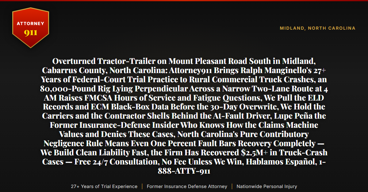 Overturned Tractor-Trailer on Mount Pleasant Road South in Midland, Cabarrus County, North Carolina: Attorney911 Brings Ralph Manginello's 27+ Years of Federal-Court Trial Practice to Rural Commercial Truck Crashes, an 80,000-Pound Rig Lying Perpendicular Across a Narrow Two-Lane Route at 4 AM Raises FMCSA Hours of Service and Fatigue Questions, We Pull the ELD Records and ECM Black-Box Data Before the 30-Day Overwrite, We Hold the Carriers and the Contractor Shells Behind the At-Fault Driver, Lupe Peña the Former Insurance-Defense Insider Who Knows How the Claims Machine Values and Denies These Cases, North Carolina's Pure Contributory Negligence Rule Means Even One Percent Fault Bars Recovery Completely — We Build Clean Liability Fast, the Firm Has Recovered $2.5M+ in Truck-Crash Cases — Free 24/7 Consultation, No Fee Unless We Win, Hablamos Español, 1-888-ATTY-911 - Attorney911