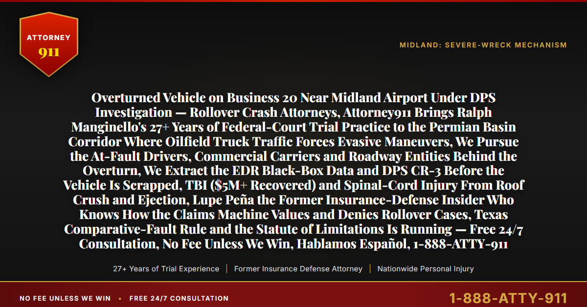 Overturned Vehicle on Business 20 Near Midland Airport Under DPS Investigation — Rollover Crash Attorneys, Attorney911 Brings Ralph Manginello's 27+ Years of Federal-Court Trial Practice to the Permian Basin Corridor Where Oilfield Truck Traffic Forces Evasive Maneuvers, We Pursue the At-Fault Drivers, Commercial Carriers and Roadway Entities Behind the Overturn, We Extract the EDR Black-Box Data and DPS CR-3 Before the Vehicle Is Scrapped, TBI ($5M+ Recovered) and Spinal-Cord Injury From Roof Crush and Ejection, Lupe Peña the Former Insurance-Defense Insider Who Knows How the Claims Machine Values and Denies Rollover Cases, Texas Comparative-Fault Rule and the Statute of Limitations Is Running — Free 24/7 Consultation, No Fee Unless We Win, Hablamos Español, 1-888-ATTY-911 - Attorney911