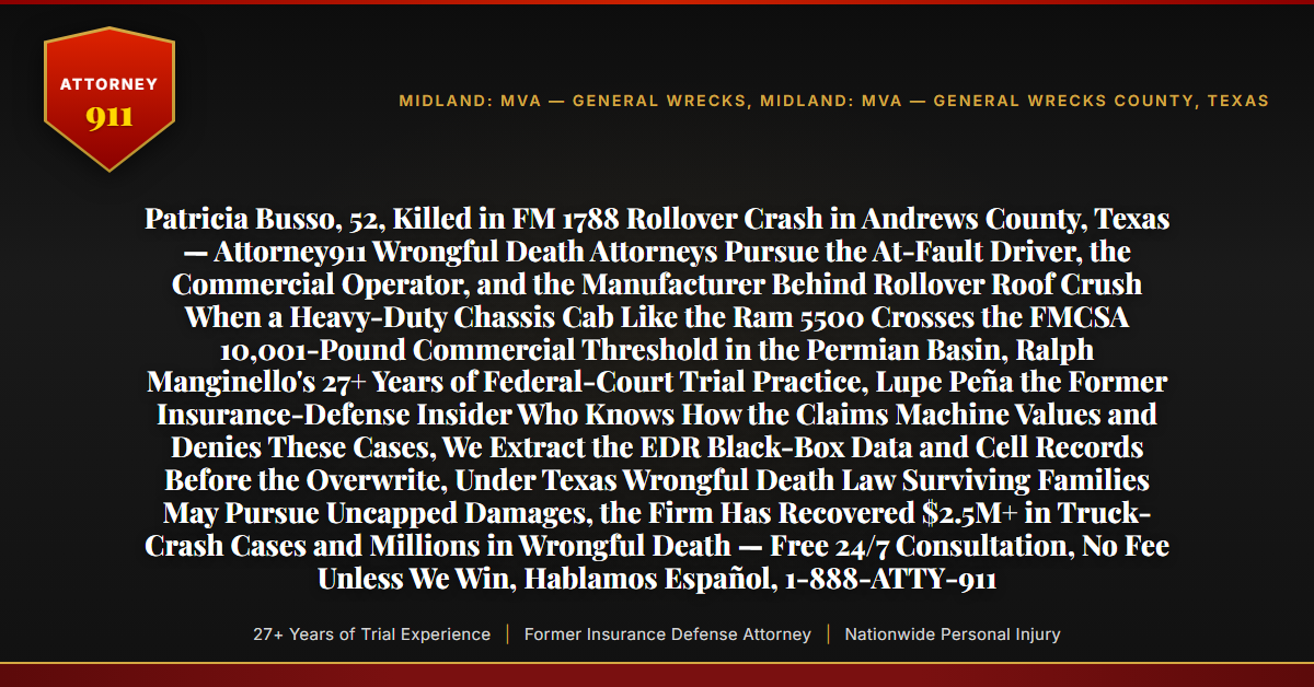 Patricia Busso, 52, Killed in FM 1788 Rollover Crash in Andrews County, Texas — Attorney911 Wrongful Death Attorneys Pursue the At-Fault Driver, the Commercial Operator, and the Manufacturer Behind Rollover Roof Crush When a Heavy-Duty Chassis Cab Like the Ram 5500 Crosses the FMCSA 10,001-Pound Commercial Threshold in the Permian Basin, Ralph Manginello's 27+ Years of Federal-Court Trial Practice, Lupe Peña the Former Insurance-Defense Insider Who Knows How the Claims Machine Values and Denies These Cases, We Extract the EDR Black-Box Data and Cell Records Before the Overwrite, Under Texas Wrongful Death Law Surviving Families May Pursue Uncapped Damages, the Firm Has Recovered $2.5M+ in Truck-Crash Cases and Millions in Wrongful Death — Free 24/7 Consultation, No Fee Unless We Win, Hablamos Español, 1-888-ATTY-911 - Attorney911