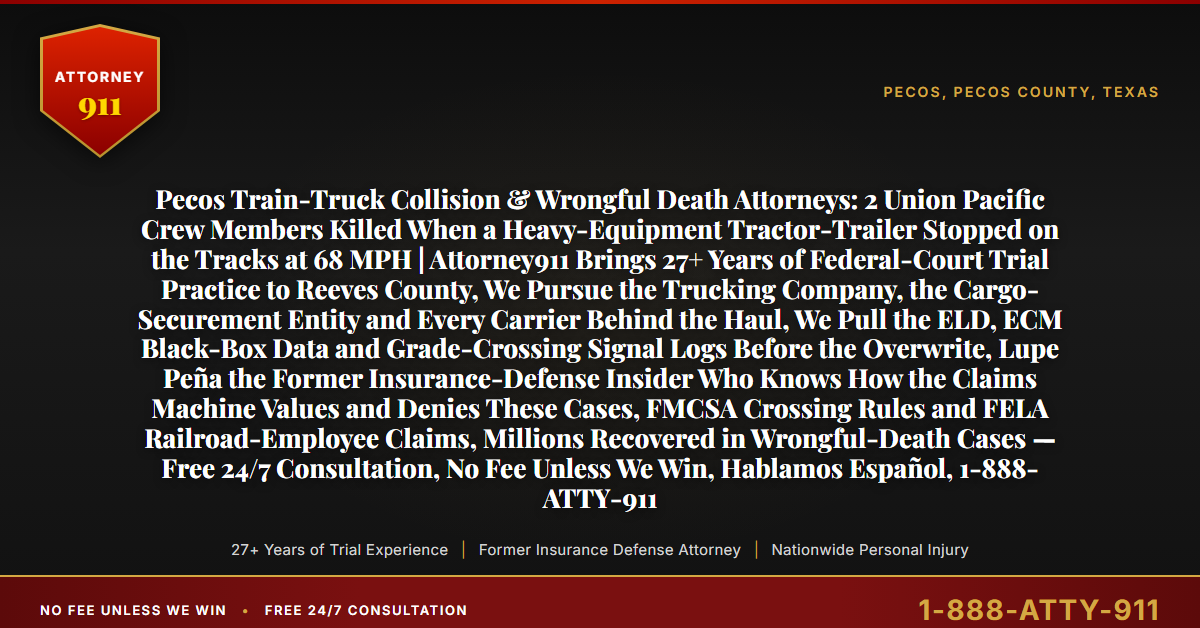 Pecos Train-Truck Collision & Wrongful Death Attorneys: 2 Union Pacific Crew Members Killed When a Heavy-Equipment Tractor-Trailer Stopped on the Tracks at 68 MPH | Attorney911 Brings 27+ Years of Federal-Court Trial Practice to Reeves County, We Pursue the Trucking Company, the Cargo-Securement Entity and Every Carrier Behind the Haul, We Pull the ELD, ECM Black-Box Data and Grade-Crossing Signal Logs Before the Overwrite, Lupe Peña the Former Insurance-Defense Insider Who Knows How the Claims Machine Values and Denies These Cases, FMCSA Crossing Rules and FELA Railroad-Employee Claims, Millions Recovered in Wrongful-Death Cases — Free 24/7 Consultation, No Fee Unless We Win, Hablamos Español, 1-888-ATTY-911 - Attorney911