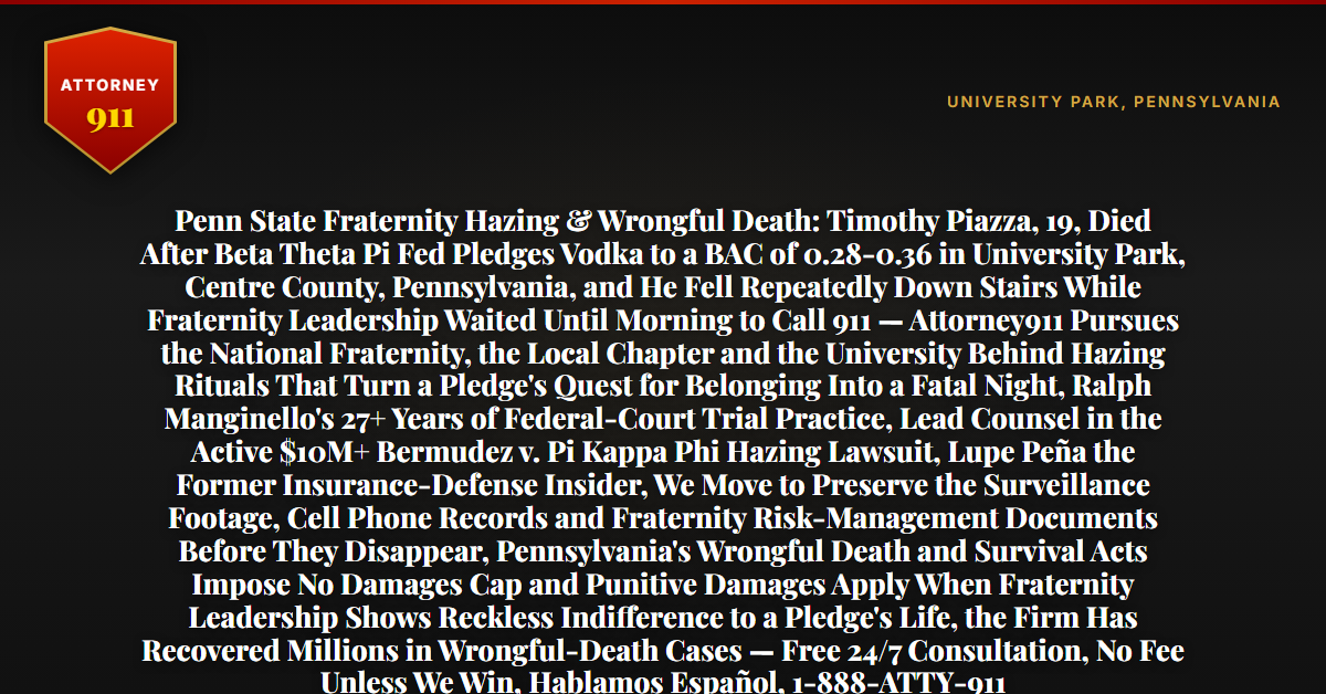 Penn State Fraternity Hazing & Wrongful Death: Timothy Piazza, 19, Died After Beta Theta Pi Fed Pledges Vodka to a BAC of 0.28-0.36 in University Park, Centre County, Pennsylvania, and He Fell Repeatedly Down Stairs While Fraternity Leadership Waited Until Morning to Call 911 — Attorney911 Pursues the National Fraternity, the Local Chapter and the University Behind Hazing Rituals That Turn a Pledge's Quest for Belonging Into a Fatal Night, Ralph Manginello's 27+ Years of Federal-Court Trial Practice, Lead Counsel in the Active $10M+ Bermudez v. Pi Kappa Phi Hazing Lawsuit, Lupe Peña the Former Insurance-Defense Insider, We Move to Preserve the Surveillance Footage, Cell Phone Records and Fraternity Risk-Management Documents Before They Disappear, Pennsylvania's Wrongful Death and Survival Acts Impose No Damages Cap and Punitive Damages Apply When Fraternity Leadership Shows Reckless Indifference to a Pledge's Life, the Firm Has Recovered Millions in Wrongful-Death Cases — Free 24/7 Consultation, No Fee Unless We Win, Hablamos Español, 1-888-ATTY-911 - Attorney911