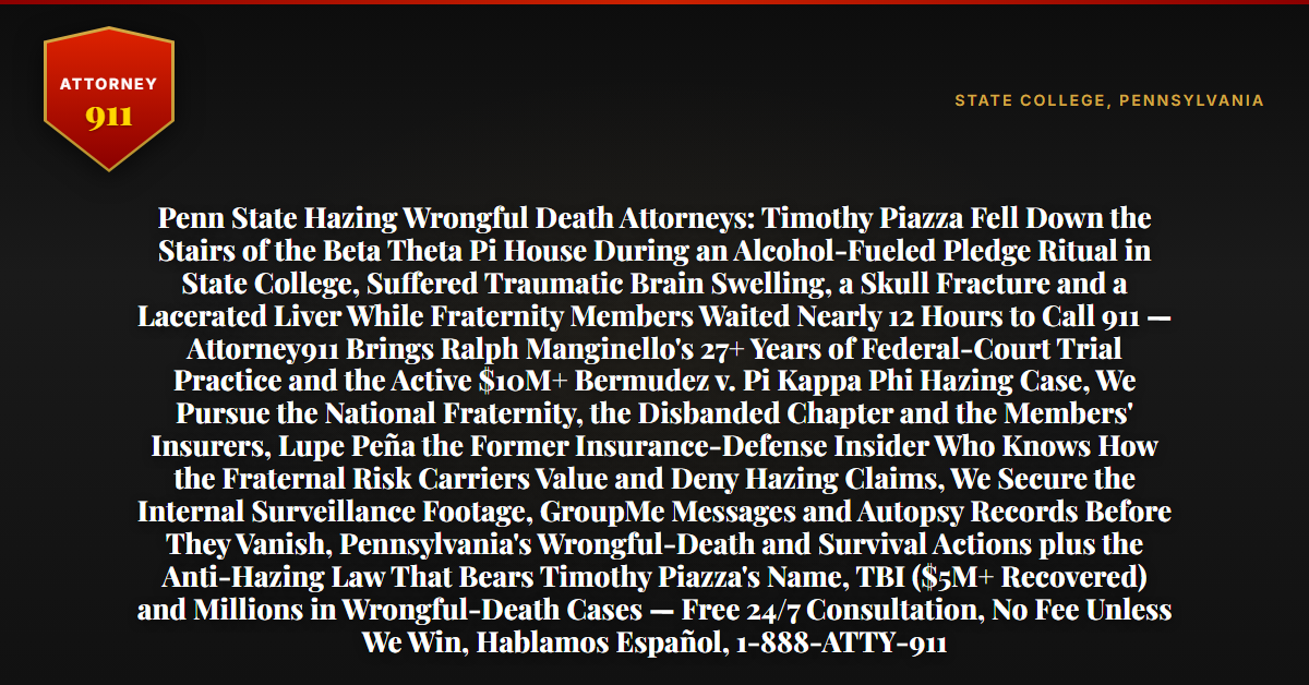 Penn State Hazing Wrongful Death Attorneys: Timothy Piazza Fell Down the Stairs of the Beta Theta Pi House During an Alcohol-Fueled Pledge Ritual in State College, Suffered Traumatic Brain Swelling, a Skull Fracture and a Lacerated Liver While Fraternity Members Waited Nearly 12 Hours to Call 911 — Attorney911 Brings Ralph Manginello's 27+ Years of Federal-Court Trial Practice and the Active $10M+ Bermudez v. Pi Kappa Phi Hazing Case, We Pursue the National Fraternity, the Disbanded Chapter and the Members' Insurers, Lupe Peña the Former Insurance-Defense Insider Who Knows How the Fraternal Risk Carriers Value and Deny Hazing Claims, We Secure the Internal Surveillance Footage, GroupMe Messages and Autopsy Records Before They Vanish, Pennsylvania's Wrongful-Death and Survival Actions plus the Anti-Hazing Law That Bears Timothy Piazza's Name, TBI ($5M+ Recovered) and Millions in Wrongful-Death Cases — Free 24/7 Consultation, No Fee Unless We Win, Hablamos Español, 1-888-ATTY-911 - Attorney911