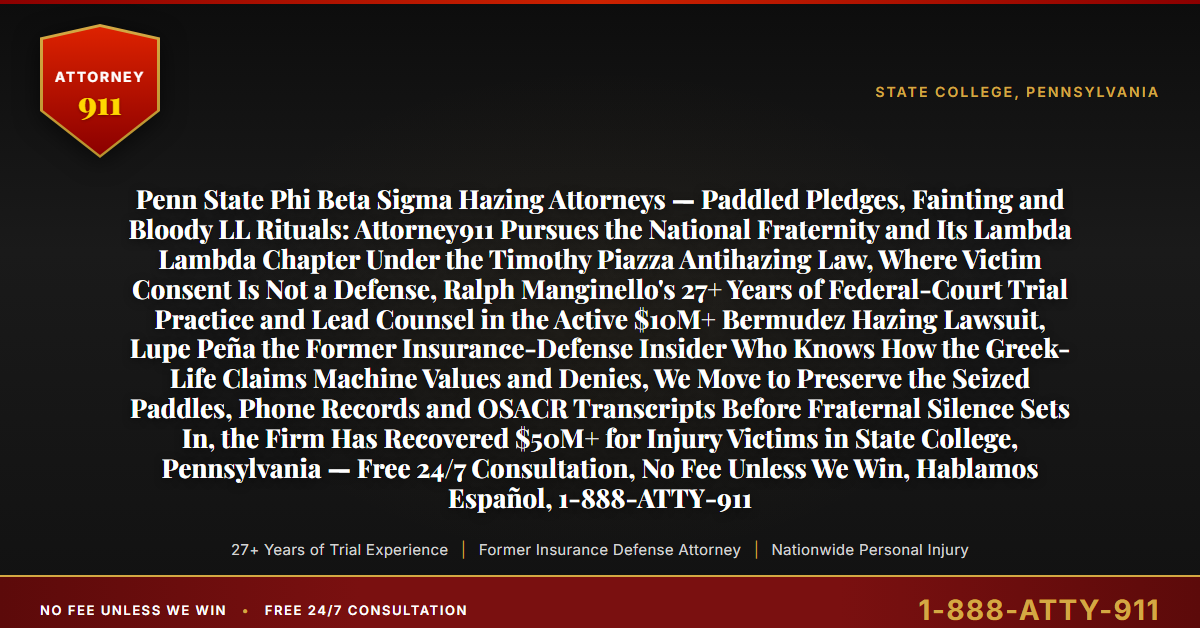 Penn State Phi Beta Sigma Hazing Attorneys — Paddled Pledges, Fainting and Bloody LL Rituals: Attorney911 Pursues the National Fraternity and Its Lambda Lambda Chapter Under the Timothy Piazza Antihazing Law, Where Victim Consent Is Not a Defense, Ralph Manginello's 27+ Years of Federal-Court Trial Practice and Lead Counsel in the Active $10M+ Bermudez Hazing Lawsuit, Lupe Peña the Former Insurance-Defense Insider Who Knows How the Greek-Life Claims Machine Values and Denies, We Move to Preserve the Seized Paddles, Phone Records and OSACR Transcripts Before Fraternal Silence Sets In, the Firm Has Recovered $50M+ for Injury Victims in State College, Pennsylvania — Free 24/7 Consultation, No Fee Unless We Win, Hablamos Español, 1-888-ATTY-911 - Attorney911