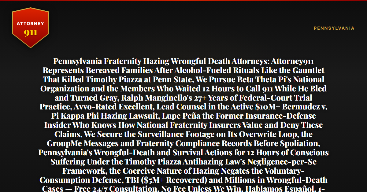 Pennsylvania Fraternity Hazing Wrongful Death Attorneys: Attorney911 Represents Bereaved Families After Alcohol-Fueled Rituals Like the Gauntlet That Killed Timothy Piazza at Penn State, We Pursue Beta Theta Pi's National Organization and the Members Who Waited 12 Hours to Call 911 While He Bled and Turned Gray, Ralph Manginello's 27+ Years of Federal-Court Trial Practice, Avvo-Rated Excellent, Lead Counsel in the Active $10M+ Bermudez v. Pi Kappa Phi Hazing Lawsuit, Lupe Peña the Former Insurance-Defense Insider Who Knows How National Fraternity Insurers Value and Deny These Claims, We Secure the Surveillance Footage on Its Overwrite Loop, the GroupMe Messages and Fraternity Compliance Records Before Spoliation, Pennsylvania's Wrongful-Death and Survival Actions for 12 Hours of Conscious Suffering Under the Timothy Piazza Antihazing Law's Negligence-per-Se Framework, the Coercive Nature of Hazing Negates the Voluntary-Consumption Defense, TBI ($5M+ Recovered) and Millions in Wrongful-Death Cases — Free 24/7 Consultation, No Fee Unless We Win, Hablamos Español, 1-888-ATTY-911 - Attorney911