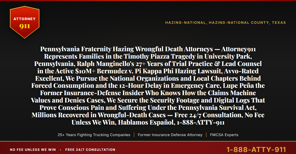 Pennsylvania Fraternity Hazing Wrongful Death Attorneys — Attorney911 Represents Families in the Timothy Piazza Tragedy in University Park, Pennsylvania, Ralph Manginello's 27+ Years of Trial Practice & Lead Counsel in the Active $10M+ Bermudez v. Pi Kappa Phi Hazing Lawsuit, Avvo-Rated Excellent, We Pursue the National Organizations and Local Chapters Behind Forced Consumption and the 12-Hour Delay in Emergency Care, Lupe Peña the Former Insurance-Defense Insider Who Knows How the Claims Machine Values and Denies Cases, We Secure the Security Footage and Digital Logs That Prove Conscious Pain and Suffering Under the Pennsylvania Survival Act, Millions Recovered in Wrongful-Death Cases — Free 24/7 Consultation, No Fee Unless We Win, Hablamos Español, 1-888-ATTY-911 - Attorney911