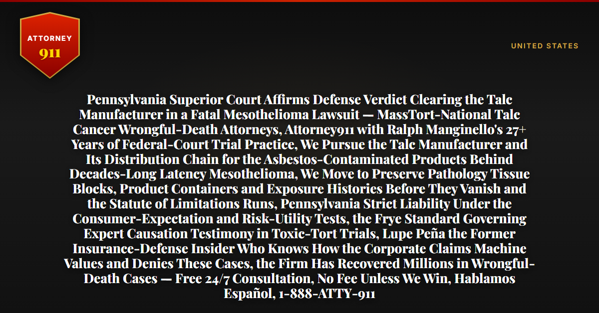 Pennsylvania Superior Court Affirms Defense Verdict Clearing the Talc Manufacturer in a Fatal Mesothelioma Lawsuit — MassTort-National Talc Cancer Wrongful-Death Attorneys, Attorney911 with Ralph Manginello's 27+ Years of Federal-Court Trial Practice, We Pursue the Talc Manufacturer and Its Distribution Chain for the Asbestos-Contaminated Products Behind Decades-Long Latency Mesothelioma, We Move to Preserve Pathology Tissue Blocks, Product Containers and Exposure Histories Before They Vanish and the Statute of Limitations Runs, Pennsylvania Strict Liability Under the Consumer-Expectation and Risk-Utility Tests, the Frye Standard Governing Expert Causation Testimony in Toxic-Tort Trials, Lupe Peña the Former Insurance-Defense Insider Who Knows How the Corporate Claims Machine Values and Denies These Cases, the Firm Has Recovered Millions in Wrongful-Death Cases — Free 24/7 Consultation, No Fee Unless We Win, Hablamos Español, 1-888-ATTY-911 - Attorney911