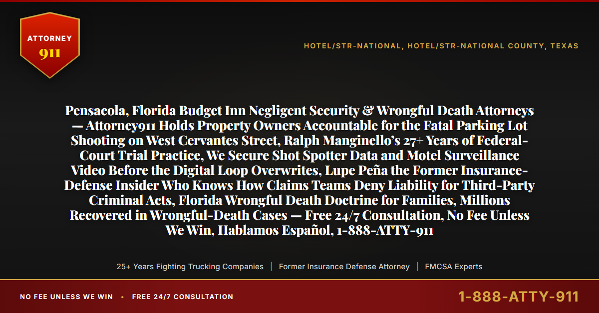 Pensacola, Florida Budget Inn Negligent Security & Wrongful Death Attorneys — Attorney911 Holds Property Owners Accountable for the Fatal Parking Lot Shooting on West Cervantes Street, Ralph Manginello’s 27+ Years of Federal-Court Trial Practice, We Secure Shot Spotter Data and Motel Surveillance Video Before the Digital Loop Overwrites, Lupe Peña the Former Insurance-Defense Insider Who Knows How Claims Teams Deny Liability for Third-Party Criminal Acts, Florida Wrongful Death Doctrine for Families, Millions Recovered in Wrongful-Death Cases — Free 24/7 Consultation, No Fee Unless We Win, Hablamos Español, 1-888-ATTY-911 - Attorney911
