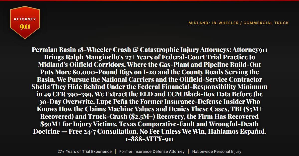 Permian Basin 18-Wheeler Crash & Catastrophic Injury Attorneys: Attorney911 Brings Ralph Manginello's 27+ Years of Federal-Court Trial Practice to Midland's Oilfield Corridors, Where the Gas-Plant and Pipeline Build-Out Puts More 80,000-Pound Rigs on I-20 and the County Roads Serving the Basin, We Pursue the National Carriers and the Oilfield-Service Contractor Shells They Hide Behind Under the Federal Financial-Responsibility Minimum in 49 CFR 390-399, We Extract the ELD and ECM Black-Box Data Before the 30-Day Overwrite, Lupe Peña the Former Insurance-Defense Insider Who Knows How the Claims Machine Values and Denies These Cases, TBI ($5M+ Recovered) and Truck-Crash ($2.5M+) Recovery, the Firm Has Recovered $50M+ for Injury Victims, Texas Comparative-Fault and Wrongful-Death Doctrine — Free 24/7 Consultation, No Fee Unless We Win, Hablamos Español, 1-888-ATTY-911 - Attorney911