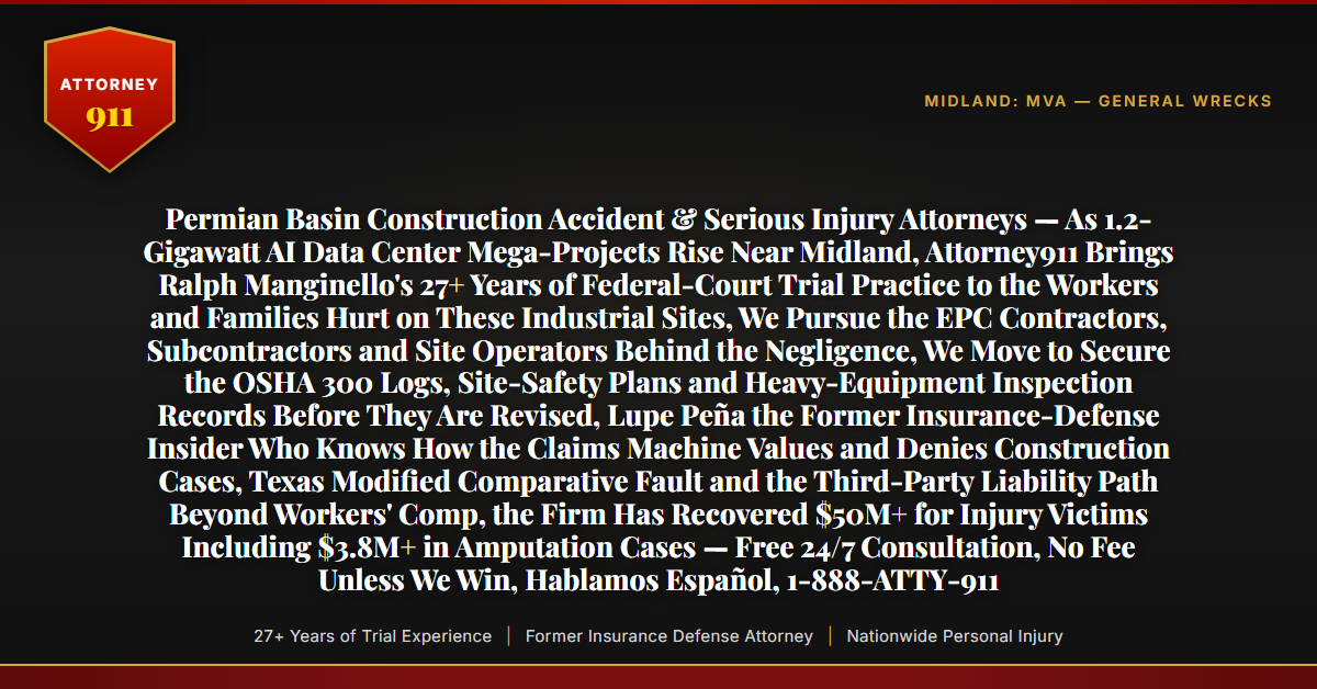 Permian Basin Construction Accident & Serious Injury Attorneys — As 1.2-Gigawatt AI Data Center Mega-Projects Rise Near Midland, Attorney911 Brings Ralph Manginello's 27+ Years of Federal-Court Trial Practice to the Workers and Families Hurt on These Industrial Sites, We Pursue the EPC Contractors, Subcontractors and Site Operators Behind the Negligence, We Move to Secure the OSHA 300 Logs, Site-Safety Plans and Heavy-Equipment Inspection Records Before They Are Revised, Lupe Peña the Former Insurance-Defense Insider Who Knows How the Claims Machine Values and Denies Construction Cases, Texas Modified Comparative Fault and the Third-Party Liability Path Beyond Workers' Comp, the Firm Has Recovered $50M+ for Injury Victims Including $3.8M+ in Amputation Cases — Free 24/7 Consultation, No Fee Unless We Win, Hablamos Español, 1-888-ATTY-911 - Attorney911
