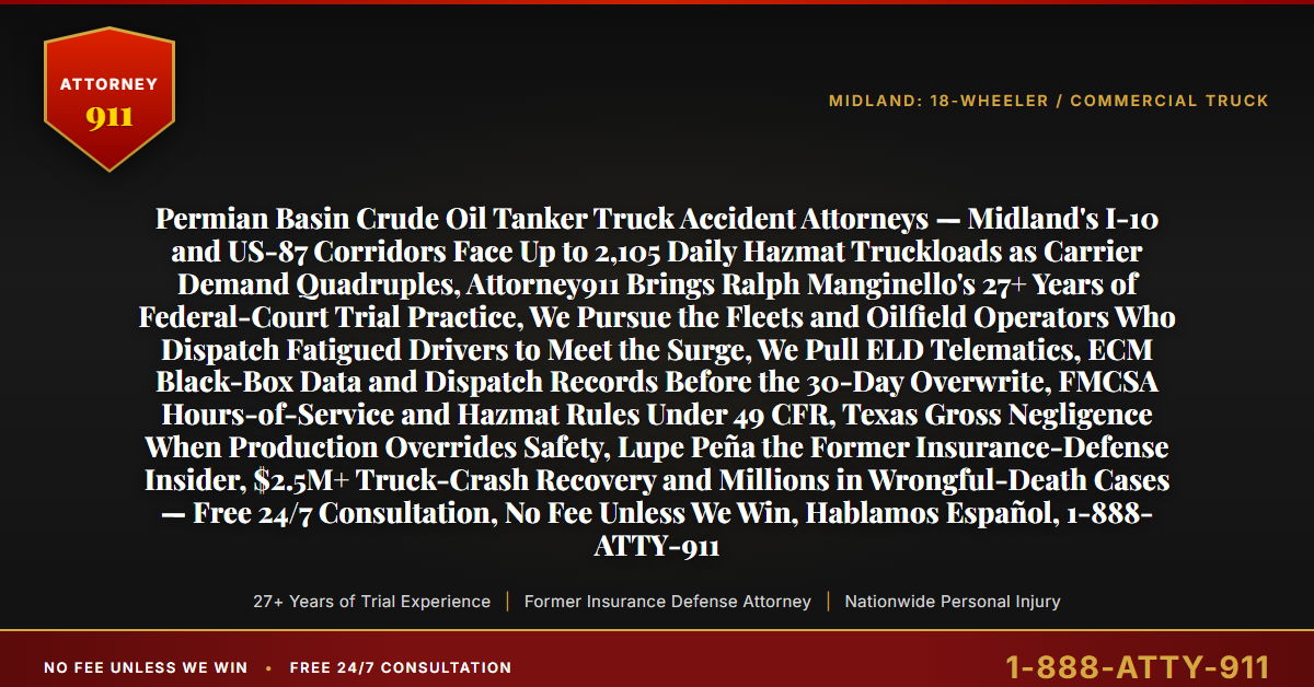 Permian Basin Crude Oil Tanker Truck Accident Attorneys — Midland's I-10 and US-87 Corridors Face Up to 2,105 Daily Hazmat Truckloads as Carrier Demand Quadruples, Attorney911 Brings Ralph Manginello's 27+ Years of Federal-Court Trial Practice, We Pursue the Fleets and Oilfield Operators Who Dispatch Fatigued Drivers to Meet the Surge, We Pull ELD Telematics, ECM Black-Box Data and Dispatch Records Before the 30-Day Overwrite, FMCSA Hours-of-Service and Hazmat Rules Under 49 CFR, Texas Gross Negligence When Production Overrides Safety, Lupe Peña the Former Insurance-Defense Insider, $2.5M+ Truck-Crash Recovery and Millions in Wrongful-Death Cases — Free 24/7 Consultation, No Fee Unless We Win, Hablamos Español, 1-888-ATTY-911 - Attorney911