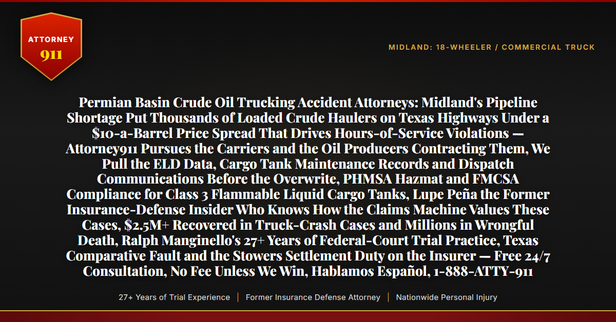 Permian Basin Crude Oil Trucking Accident Attorneys: Midland's Pipeline Shortage Put Thousands of Loaded Crude Haulers on Texas Highways Under a $10-a-Barrel Price Spread That Drives Hours-of-Service Violations — Attorney911 Pursues the Carriers and the Oil Producers Contracting Them, We Pull the ELD Data, Cargo Tank Maintenance Records and Dispatch Communications Before the Overwrite, PHMSA Hazmat and FMCSA Compliance for Class 3 Flammable Liquid Cargo Tanks, Lupe Peña the Former Insurance-Defense Insider Who Knows How the Claims Machine Values These Cases, $2.5M+ Recovered in Truck-Crash Cases and Millions in Wrongful Death, Ralph Manginello's 27+ Years of Federal-Court Trial Practice, Texas Comparative Fault and the Stowers Settlement Duty on the Insurer — Free 24/7 Consultation, No Fee Unless We Win, Hablamos Español, 1-888-ATTY-911 - Attorney911