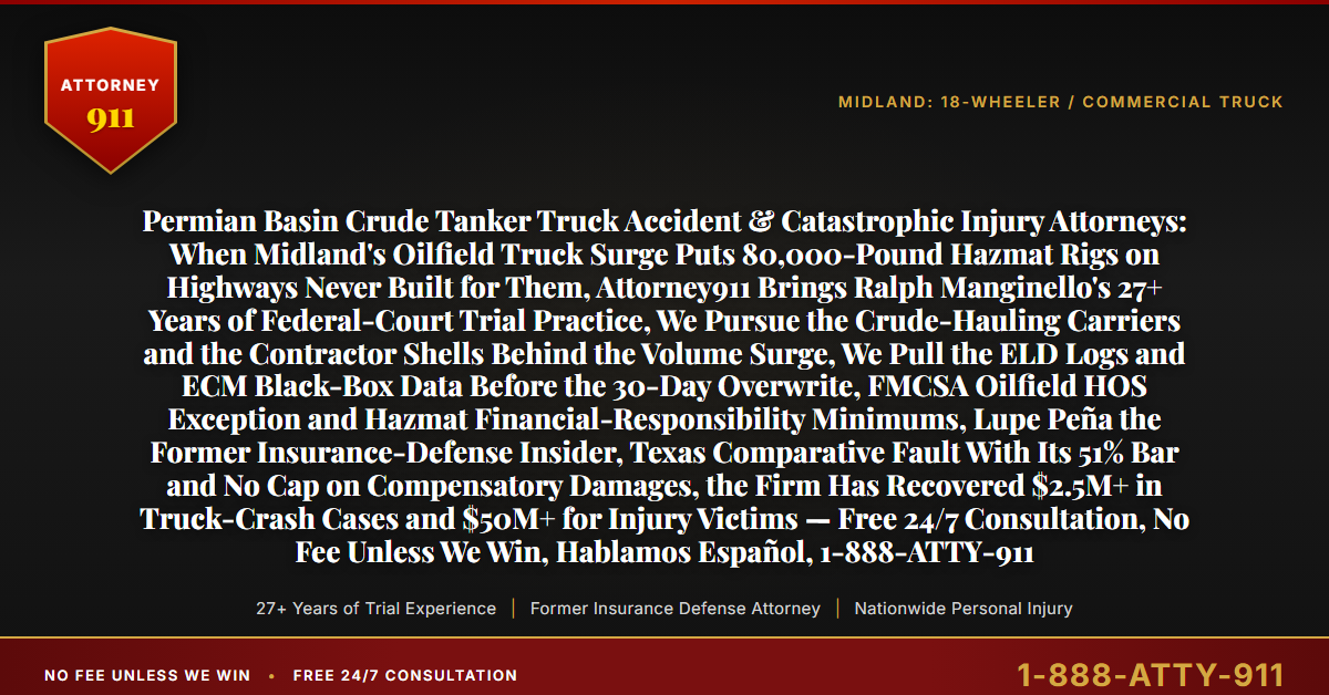 Permian Basin Crude Tanker Truck Accident & Catastrophic Injury Attorneys: When Midland's Oilfield Truck Surge Puts 80,000-Pound Hazmat Rigs on Highways Never Built for Them, Attorney911 Brings Ralph Manginello's 27+ Years of Federal-Court Trial Practice, We Pursue the Crude-Hauling Carriers and the Contractor Shells Behind the Volume Surge, We Pull the ELD Logs and ECM Black-Box Data Before the 30-Day Overwrite, FMCSA Oilfield HOS Exception and Hazmat Financial-Responsibility Minimums, Lupe Peña the Former Insurance-Defense Insider, Texas Comparative Fault With Its 51% Bar and No Cap on Compensatory Damages, the Firm Has Recovered $2.5M+ in Truck-Crash Cases and $50M+ for Injury Victims — Free 24/7 Consultation, No Fee Unless We Win, Hablamos Español, 1-888-ATTY-911 - Attorney911