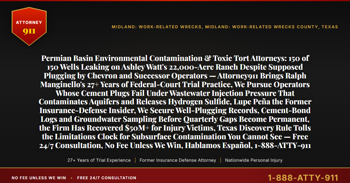 Permian Basin Environmental Contamination & Toxic Tort Attorneys: 150 of 150 Wells Leaking on Ashley Watt's 22,000-Acre Ranch Despite Supposed Plugging by Chevron and Successor Operators — Attorney911 Brings Ralph Manginello's 27+ Years of Federal-Court Trial Practice, We Pursue Operators Whose Cement Plugs Fail Under Wastewater Injection Pressure That Contaminates Aquifers and Releases Hydrogen Sulfide, Lupe Peña the Former Insurance-Defense Insider, We Secure Well-Plugging Records, Cement-Bond Logs and Groundwater Sampling Before Quarterly Gaps Become Permanent, the Firm Has Recovered $50M+ for Injury Victims, Texas Discovery Rule Tolls the Limitations Clock for Subsurface Contamination You Cannot See — Free 24/7 Consultation, No Fee Unless We Win, Hablamos Español, 1-888-ATTY-911 - Attorney911