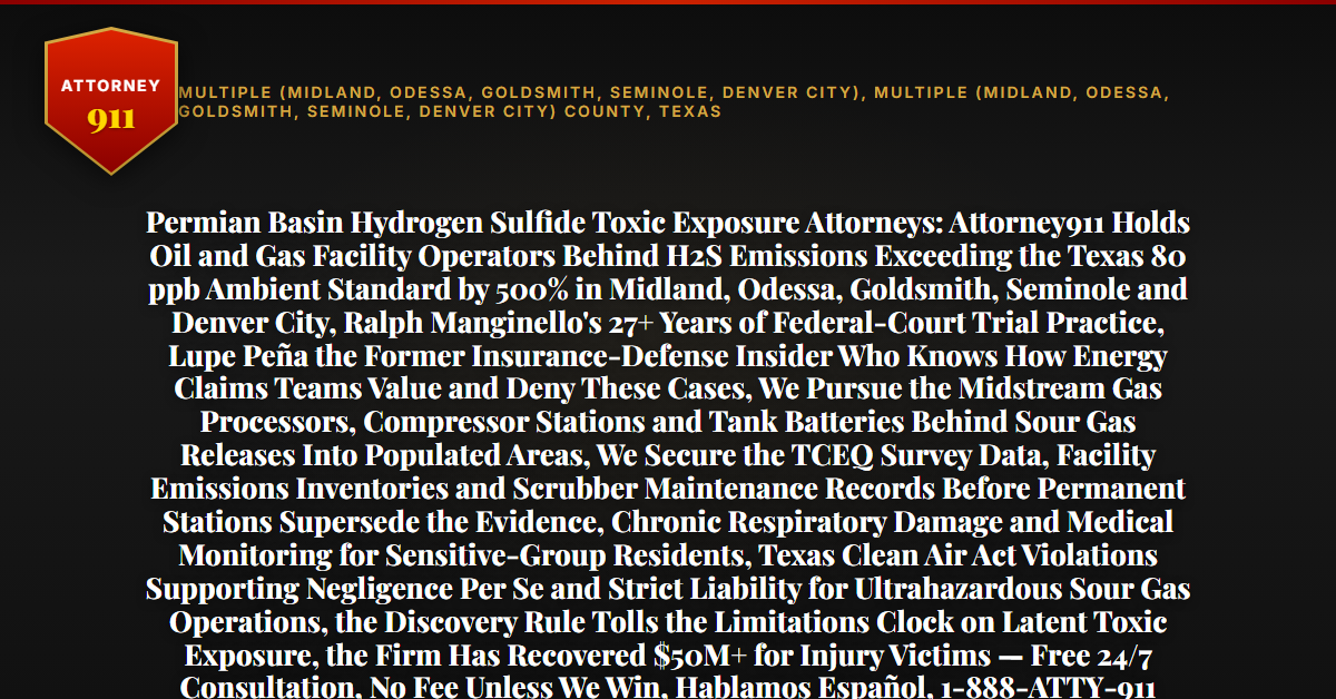 Permian Basin Hydrogen Sulfide Toxic Exposure Attorneys: Attorney911 Holds Oil and Gas Facility Operators Behind H2S Emissions Exceeding the Texas 80 ppb Ambient Standard by 500% in Midland, Odessa, Goldsmith, Seminole and Denver City, Ralph Manginello's 27+ Years of Federal-Court Trial Practice, Lupe Peña the Former Insurance-Defense Insider Who Knows How Energy Claims Teams Value and Deny These Cases, We Pursue the Midstream Gas Processors, Compressor Stations and Tank Batteries Behind Sour Gas Releases Into Populated Areas, We Secure the TCEQ Survey Data, Facility Emissions Inventories and Scrubber Maintenance Records Before Permanent Stations Supersede the Evidence, Chronic Respiratory Damage and Medical Monitoring for Sensitive-Group Residents, Texas Clean Air Act Violations Supporting Negligence Per Se and Strict Liability for Ultrahazardous Sour Gas Operations, the Discovery Rule Tolls the Limitations Clock on Latent Toxic Exposure, the Firm Has Recovered $50M+ for Injury Victims — Free 24/7 Consultation, No Fee Unless We Win, Hablamos Español, 1-888-ATTY-911 - Attorney911