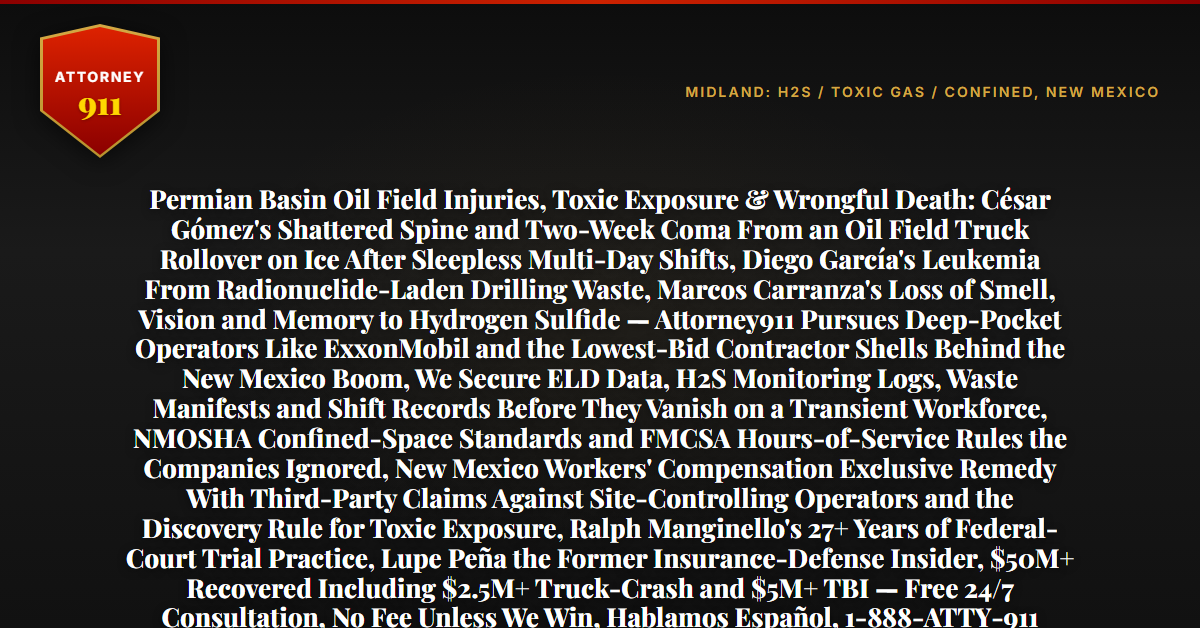 Permian Basin Oil Field Injuries, Toxic Exposure & Wrongful Death: César Gómez's Shattered Spine and Two-Week Coma From an Oil Field Truck Rollover on Ice After Sleepless Multi-Day Shifts, Diego García's Leukemia From Radionuclide-Laden Drilling Waste, Marcos Carranza's Loss of Smell, Vision and Memory to Hydrogen Sulfide — Attorney911 Pursues Deep-Pocket Operators Like ExxonMobil and the Lowest-Bid Contractor Shells Behind the New Mexico Boom, We Secure ELD Data, H2S Monitoring Logs, Waste Manifests and Shift Records Before They Vanish on a Transient Workforce, NMOSHA Confined-Space Standards and FMCSA Hours-of-Service Rules the Companies Ignored, New Mexico Workers' Compensation Exclusive Remedy With Third-Party Claims Against Site-Controlling Operators and the Discovery Rule for Toxic Exposure, Ralph Manginello's 27+ Years of Federal-Court Trial Practice, Lupe Peña the Former Insurance-Defense Insider, $50M+ Recovered Including $2.5M+ Truck-Crash and $5M+ TBI — Free 24/7 Consultation, No Fee Unless We Win, Hablamos Español, 1-888-ATTY-911 - Attorney911