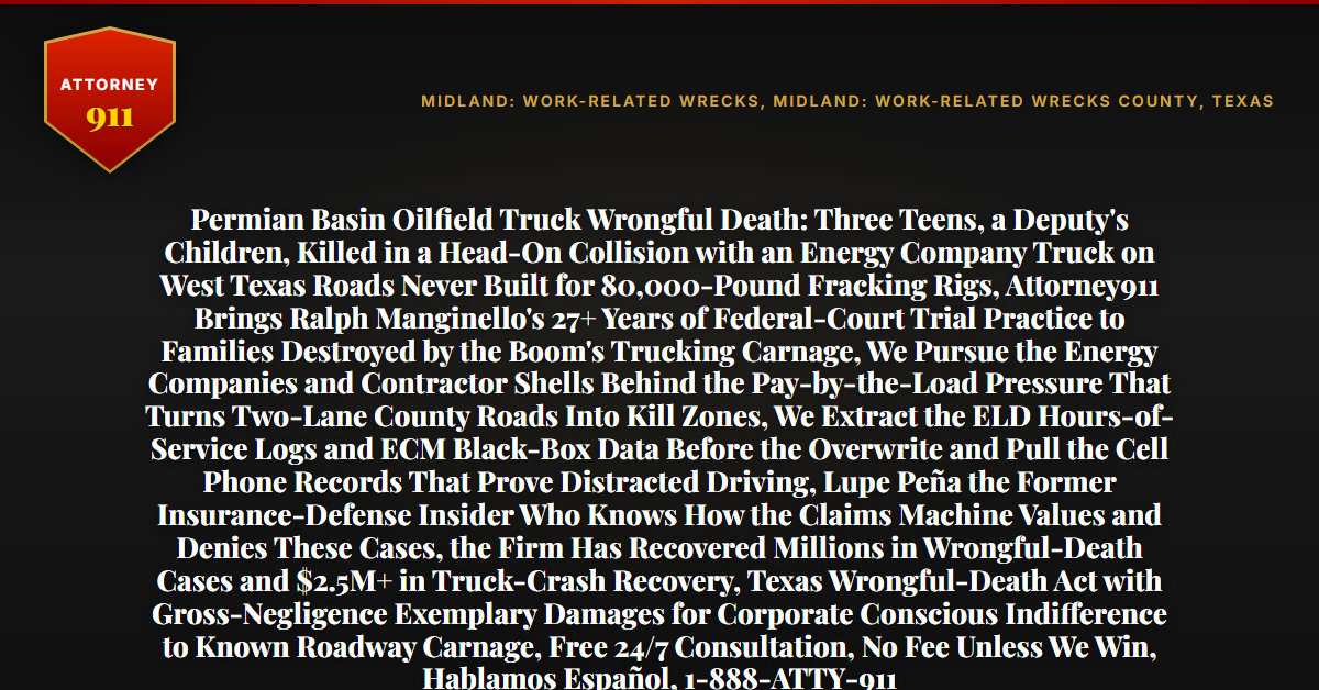 Permian Basin Oilfield Truck Wrongful Death: Three Teens, a Deputy's Children, Killed in a Head-On Collision with an Energy Company Truck on West Texas Roads Never Built for 80,000-Pound Fracking Rigs, Attorney911 Brings Ralph Manginello's 27+ Years of Federal-Court Trial Practice to Families Destroyed by the Boom's Trucking Carnage, We Pursue the Energy Companies and Contractor Shells Behind the Pay-by-the-Load Pressure That Turns Two-Lane County Roads Into Kill Zones, We Extract the ELD Hours-of-Service Logs and ECM Black-Box Data Before the Overwrite and Pull the Cell Phone Records That Prove Distracted Driving, Lupe Peña the Former Insurance-Defense Insider Who Knows How the Claims Machine Values and Denies These Cases, the Firm Has Recovered Millions in Wrongful-Death Cases and $2.5M+ in Truck-Crash Recovery, Texas Wrongful-Death Act with Gross-Negligence Exemplary Damages for Corporate Conscious Indifference to Known Roadway Carnage, Free 24/7 Consultation, No Fee Unless We Win, Hablamos Español, 1-888-ATTY-911 - Attorney911