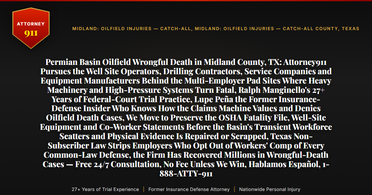 Permian Basin Oilfield Wrongful Death in Midland County, TX: Attorney911 Pursues the Well Site Operators, Drilling Contractors, Service Companies and Equipment Manufacturers Behind the Multi-Employer Pad Sites Where Heavy Machinery and High-Pressure Systems Turn Fatal, Ralph Manginello's 27+ Years of Federal-Court Trial Practice, Lupe Peña the Former Insurance-Defense Insider Who Knows How the Claims Machine Values and Denies Oilfield Death Cases, We Move to Preserve the OSHA Fatality File, Well-Site Equipment and Co-Worker Statements Before the Basin's Transient Workforce Scatters and Physical Evidence Is Repaired or Scrapped, Texas Non-Subscriber Law Strips Employers Who Opt Out of Workers' Comp of Every Common-Law Defense, the Firm Has Recovered Millions in Wrongful-Death Cases — Free 24/7 Consultation, No Fee Unless We Win, Hablamos Español, 1-888-ATTY-911 - Attorney911