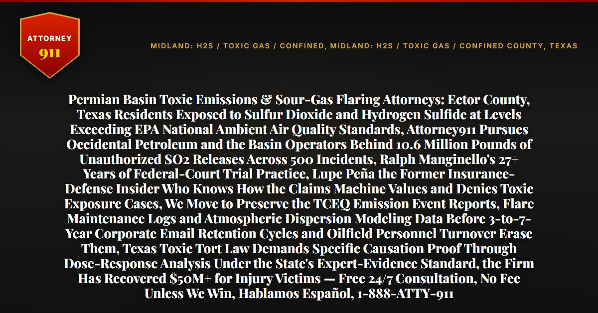 Permian Basin Toxic Emissions & Sour-Gas Flaring Attorneys: Ector County, Texas Residents Exposed to Sulfur Dioxide and Hydrogen Sulfide at Levels Exceeding EPA National Ambient Air Quality Standards, Attorney911 Pursues Occidental Petroleum and the Basin Operators Behind 10.6 Million Pounds of Unauthorized SO2 Releases Across 500 Incidents, Ralph Manginello's 27+ Years of Federal-Court Trial Practice, Lupe Peña the Former Insurance-Defense Insider Who Knows How the Claims Machine Values and Denies Toxic Exposure Cases, We Move to Preserve the TCEQ Emission Event Reports, Flare Maintenance Logs and Atmospheric Dispersion Modeling Data Before 3-to-7-Year Corporate Email Retention Cycles and Oilfield Personnel Turnover Erase Them, Texas Toxic Tort Law Demands Specific Causation Proof Through Dose-Response Analysis Under the State's Expert-Evidence Standard, the Firm Has Recovered $50M+ for Injury Victims — Free 24/7 Consultation, No Fee Unless We Win, Hablamos Español, 1-888-ATTY-911 - Attorney911