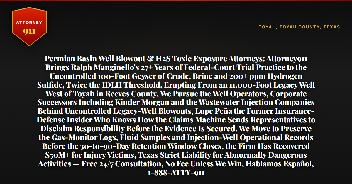 Permian Basin Well Blowout & H2S Toxic Exposure Attorneys: Attorney911 Brings Ralph Manginello's 27+ Years of Federal-Court Trial Practice to the Uncontrolled 100-Foot Geyser of Crude, Brine and 200+ ppm Hydrogen Sulfide, Twice the IDLH Threshold, Erupting From an 11,000-Foot Legacy Well West of Toyah in Reeves County, We Pursue the Well Operators, Corporate Successors Including Kinder Morgan and the Wastewater Injection Companies Behind Uncontrolled Legacy-Well Blowouts, Lupe Peña the Former Insurance-Defense Insider Who Knows How the Claims Machine Sends Representatives to Disclaim Responsibility Before the Evidence Is Secured, We Move to Preserve the Gas-Monitor Logs, Fluid Samples and Injection-Well Operational Records Before the 30-to-90-Day Retention Window Closes, the Firm Has Recovered $50M+ for Injury Victims, Texas Strict Liability for Abnormally Dangerous Activities — Free 24/7 Consultation, No Fee Unless We Win, Hablamos Español, 1-888-ATTY-911 - Attorney911